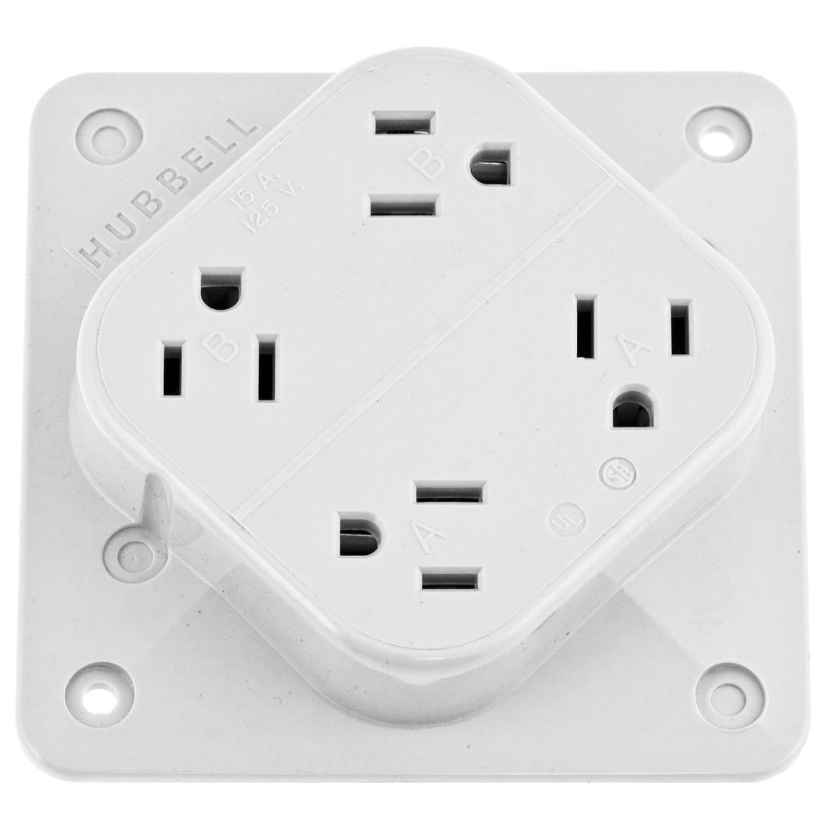 HBL415W 1-Phase 4-in-1 Grounding Standard Screw Mount Straight Blade Receptacle, 125 V AC, 15 A, 2 Poles, 3 Wires, White
