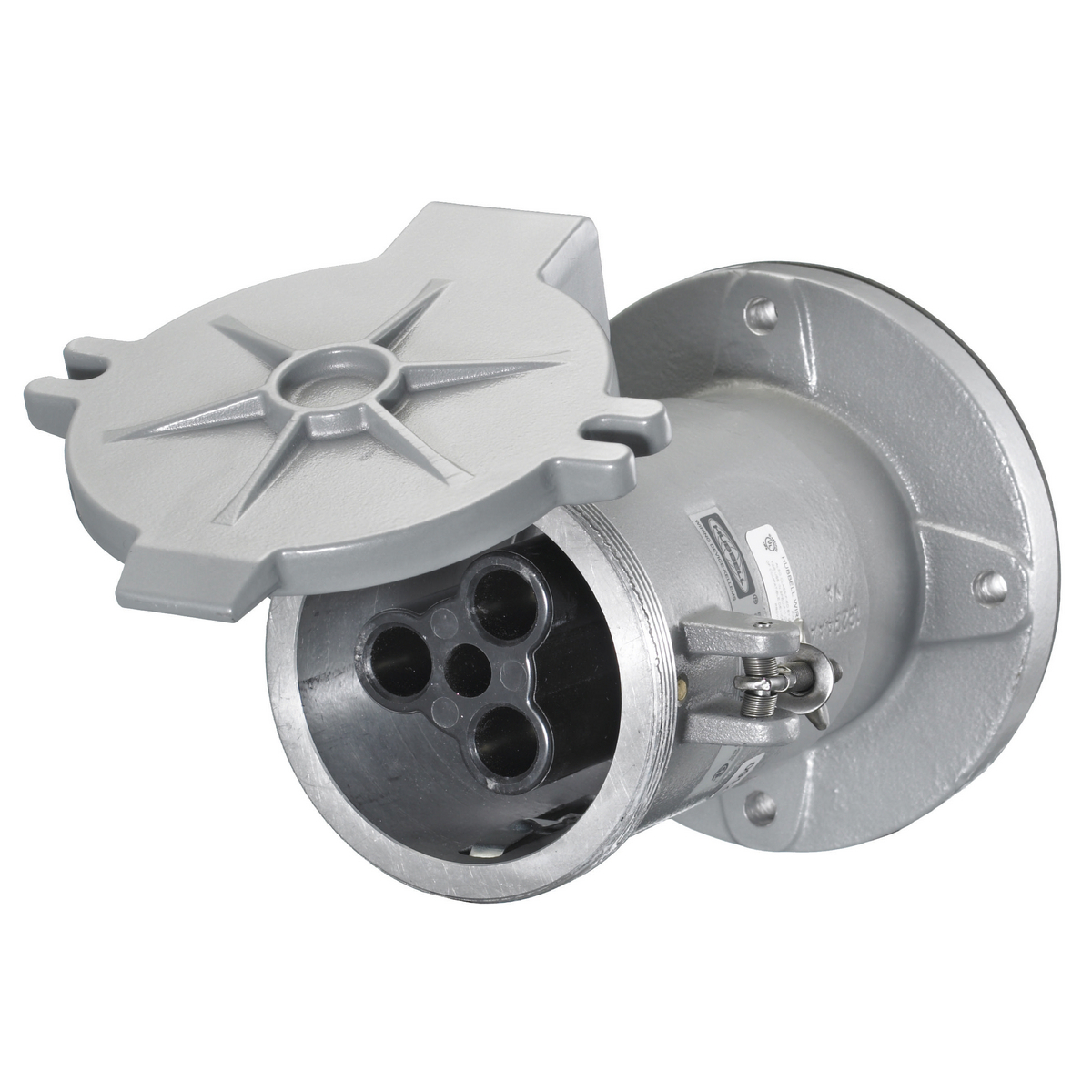 HBL4200RS1W 1 Series 1/3-Phase Flanged Grounding Non-NEMA Style 1 Single Standard Watertight Screw Mount Pin and Sleeve Receptacle, 600 V AC, 200 A, 3 Poles, 4 Wires, Black/Gray