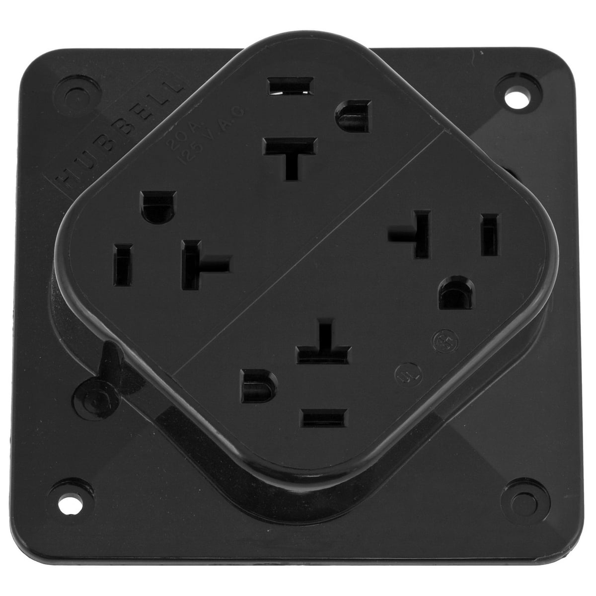 HBL420BK 1-Phase 4-in-1 Grounding Standard Screw Mount Straight Blade Receptacle, 125 V AC, 20 A, 2 Poles, 3 Wires, Black