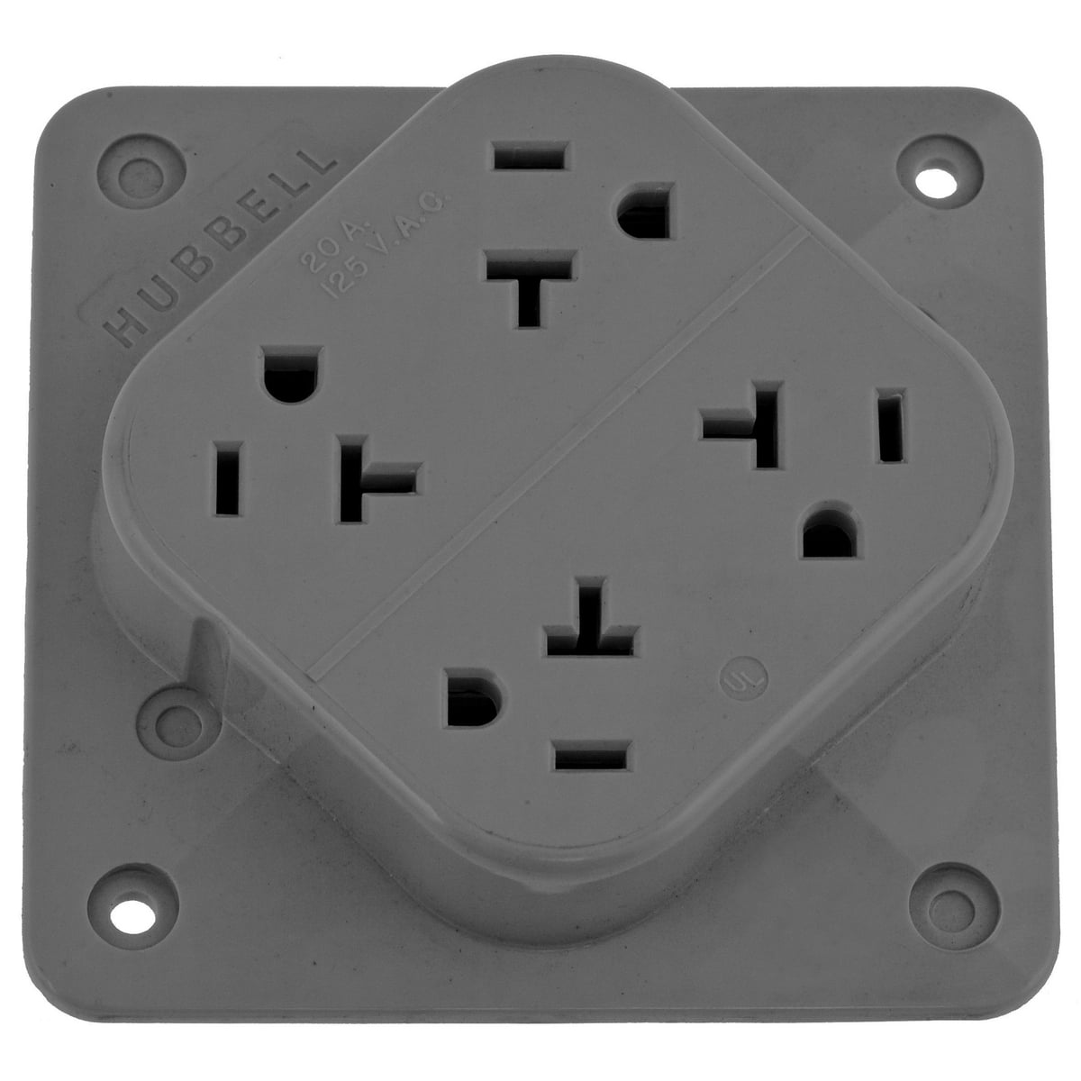 HBL420GY 1-Phase 4-in-1 Grounding Standard Screw Mount Straight Blade Receptacle, 125 V AC, 20 A, 2 Poles, 3 Wires, Gray