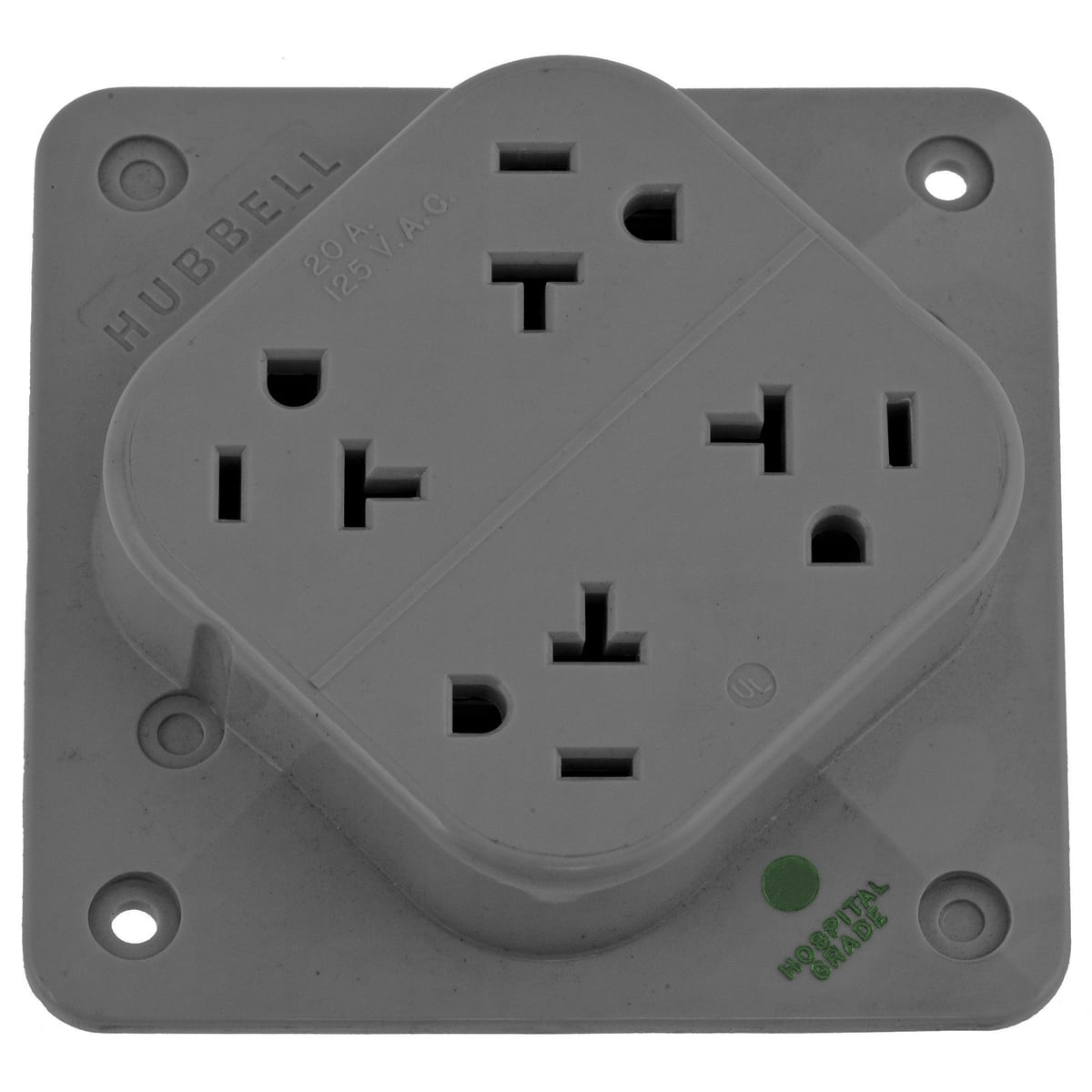 HBL420HGY 1-Phase 4-in-1 Grounding Standard Screw Mount Straight Blade Receptacle, 125 V AC, 20 A, 2 Poles, 3 Wires, Gray