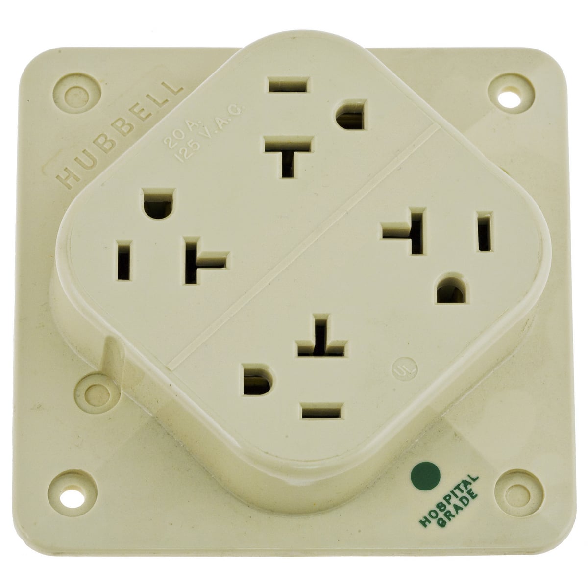 HBL420HI 1-Phase 4-in-1 Grounding Standard Screw Mount Straight Blade Receptacle, 125 V AC, 20 A, 2 Poles, 3 Wires, Ivory