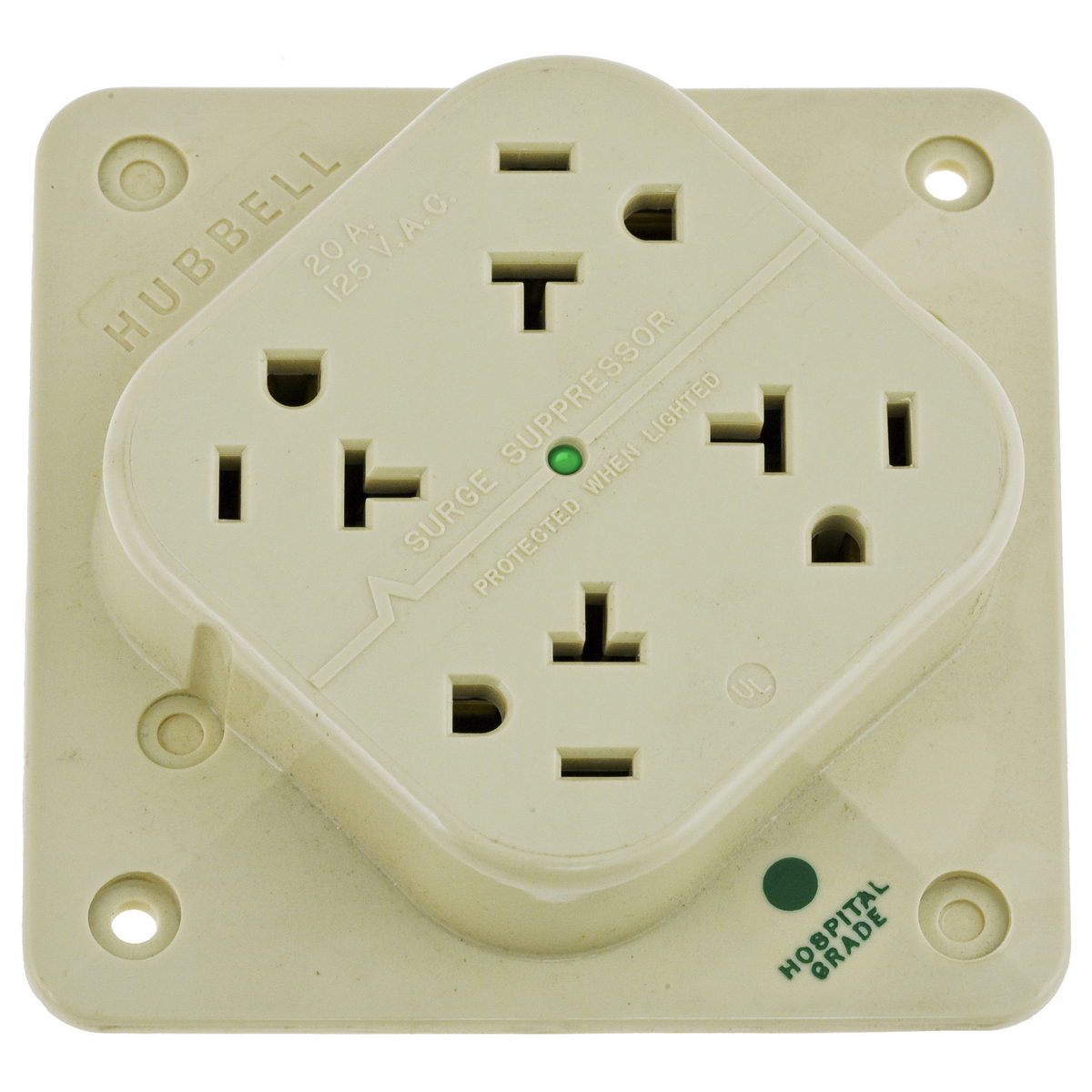 HBL420HIS Duplex Hospital Grade Standard Surge Suppression Receptacle, 125 V AC, 20 A, 60 Hz, 1 Phase