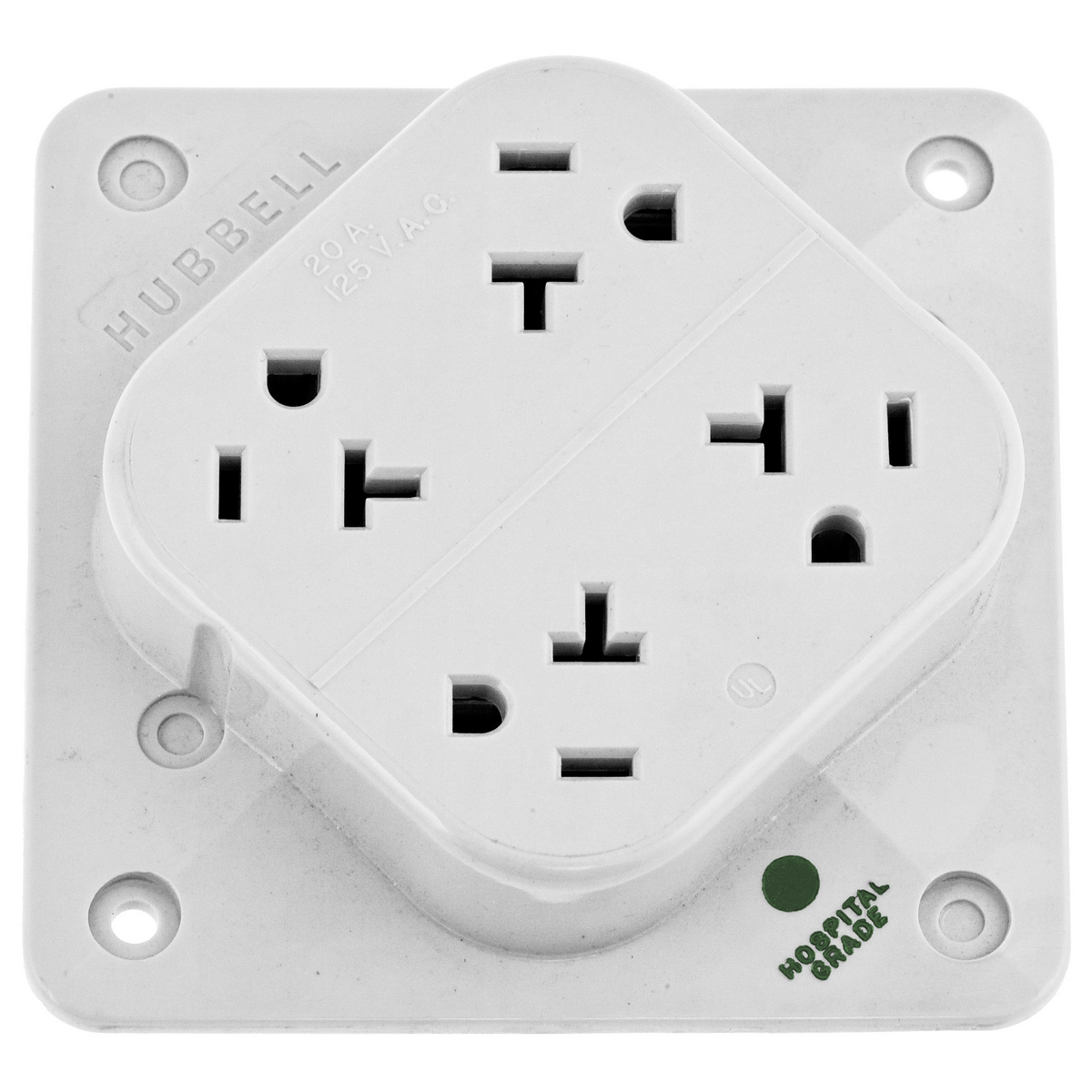 HBL420HW 1-Phase 4-in-1 Grounding Standard Screw Mount Straight Blade Receptacle, 125 V AC, 20 A, 2 Poles, 3 Wires, White