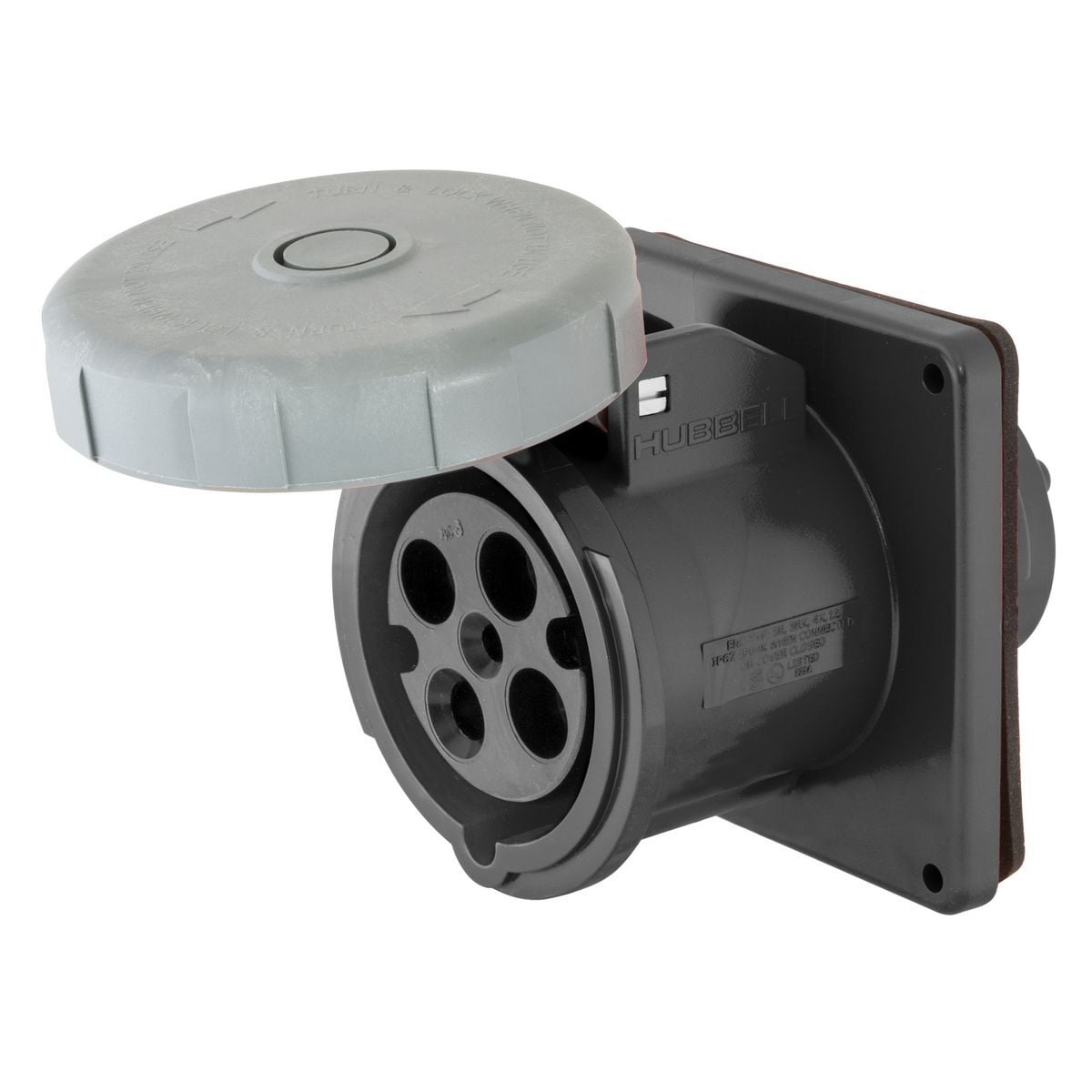 HBL420R5W 3-Phase Flanged Grounding Non-NEMA Single Flanged Standard Watertight Screw Mount Pin and Sleeve Receptacle, 600 V AC, 20 A, 3 Poles, 4 Wires, Black