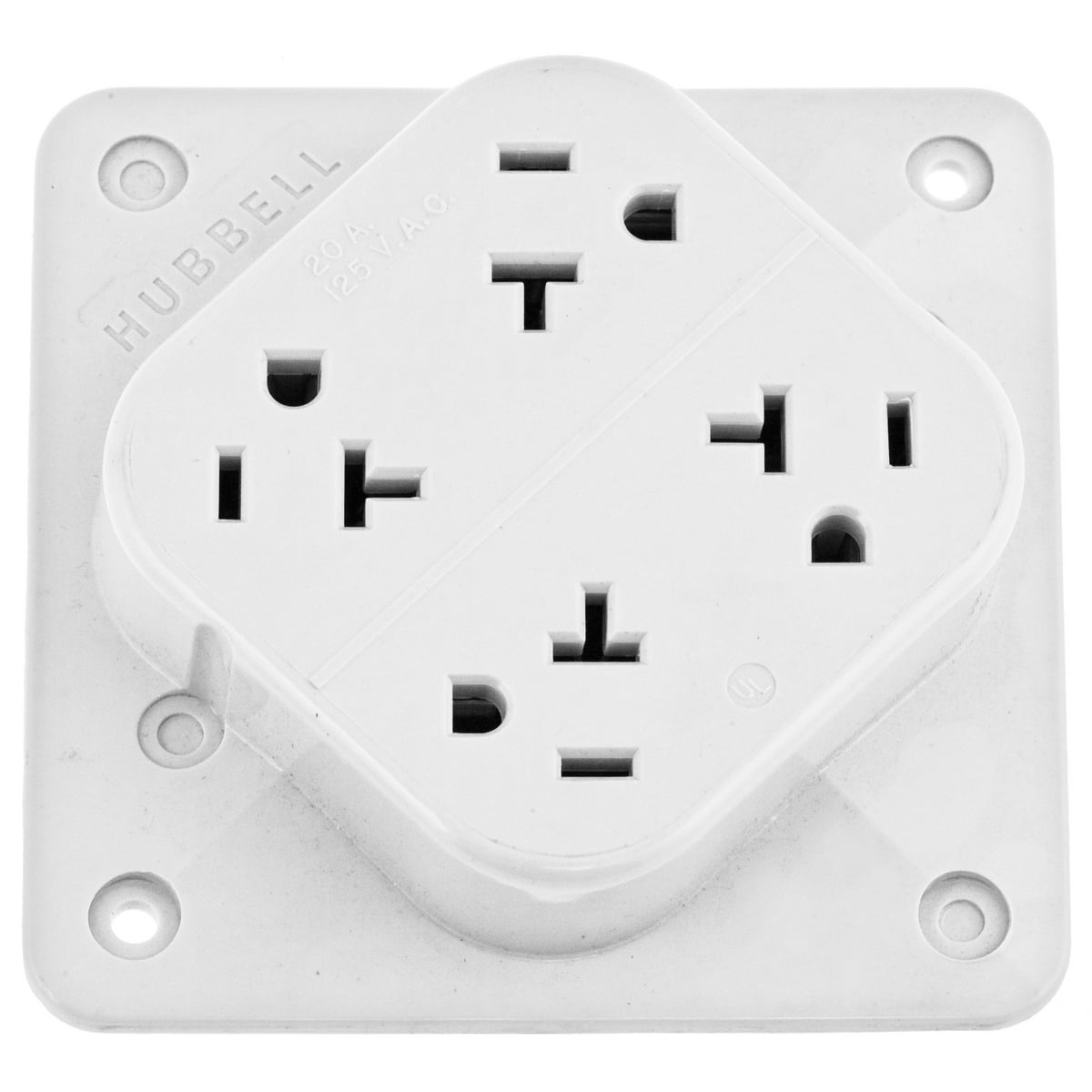 HBL420W 1-Phase 4-in-1 Grounding Standard Screw Mount Straight Blade Receptacle, 125 V AC, 20 A, 2 Poles, 3 Wires, White