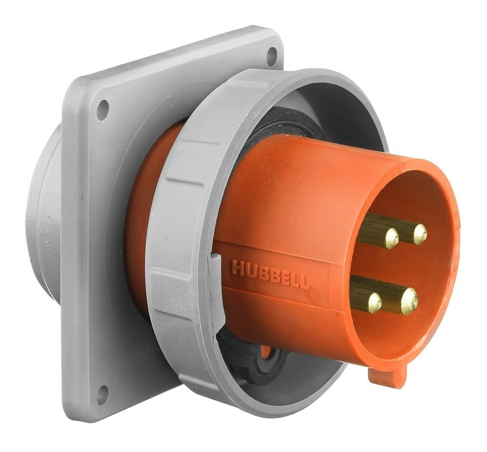 HBL430B12W 1-Phase Flanged Grounding Non-NEMA Male Single Standard Watertight Screw Mount Pin and Sleeve Inlet, 125/250 V AC, 30 A, 3 Poles, 4 Wires, Orange