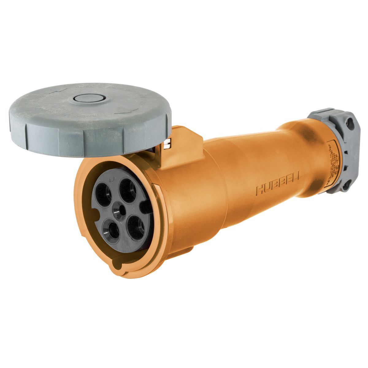HBL430C12W Female Grounding Watertight Cord Mount Pin and Sleeve Connector, 125/250 V AC, 30 A, 3 Poles, 4 Wires, Orange