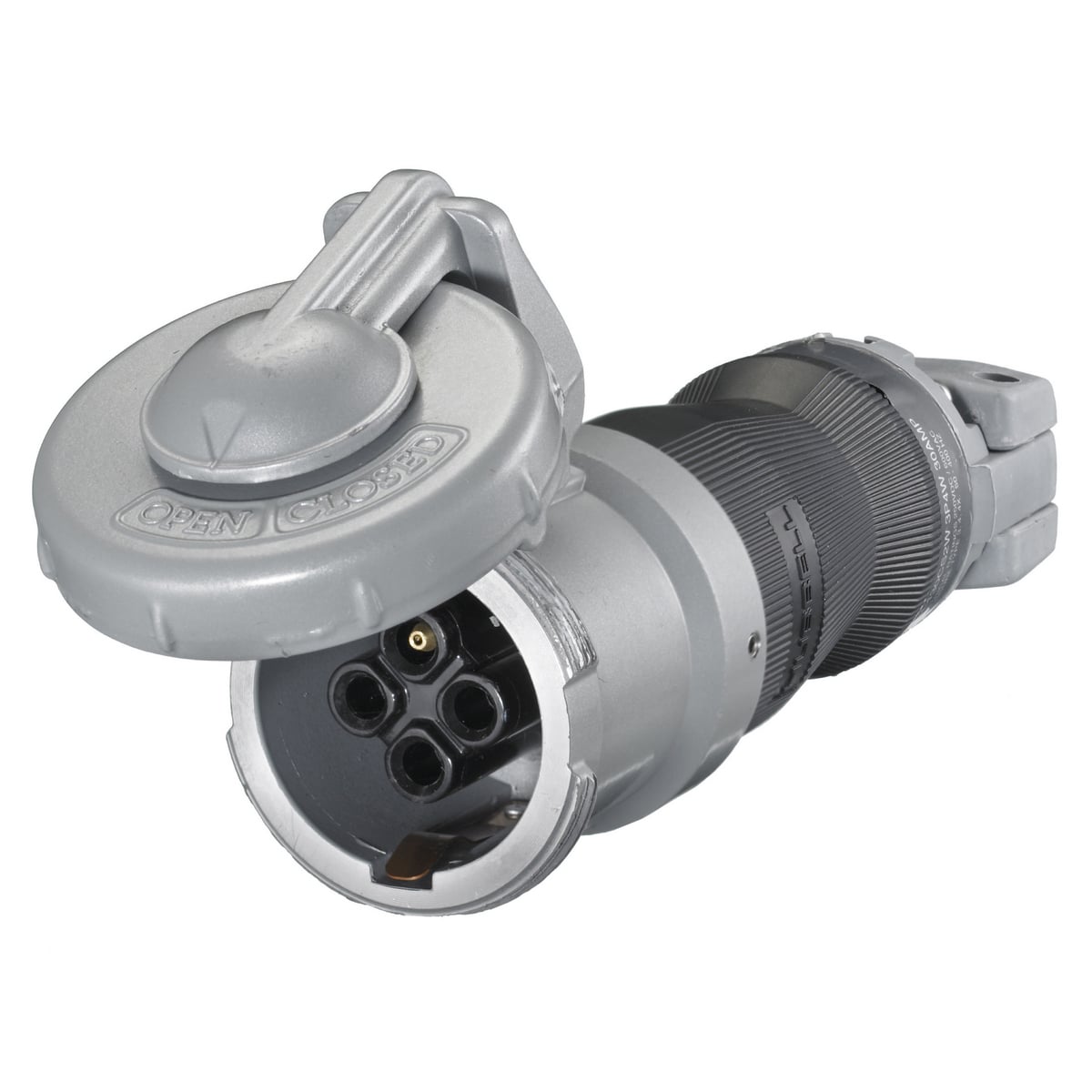 HBL430CS2W Female Insulated Watertight Cord Mount Pin and Sleeve Connector, 600 V AC/250 V DC, 30 A, 3 Poles, 4 Wires, Black/Gray