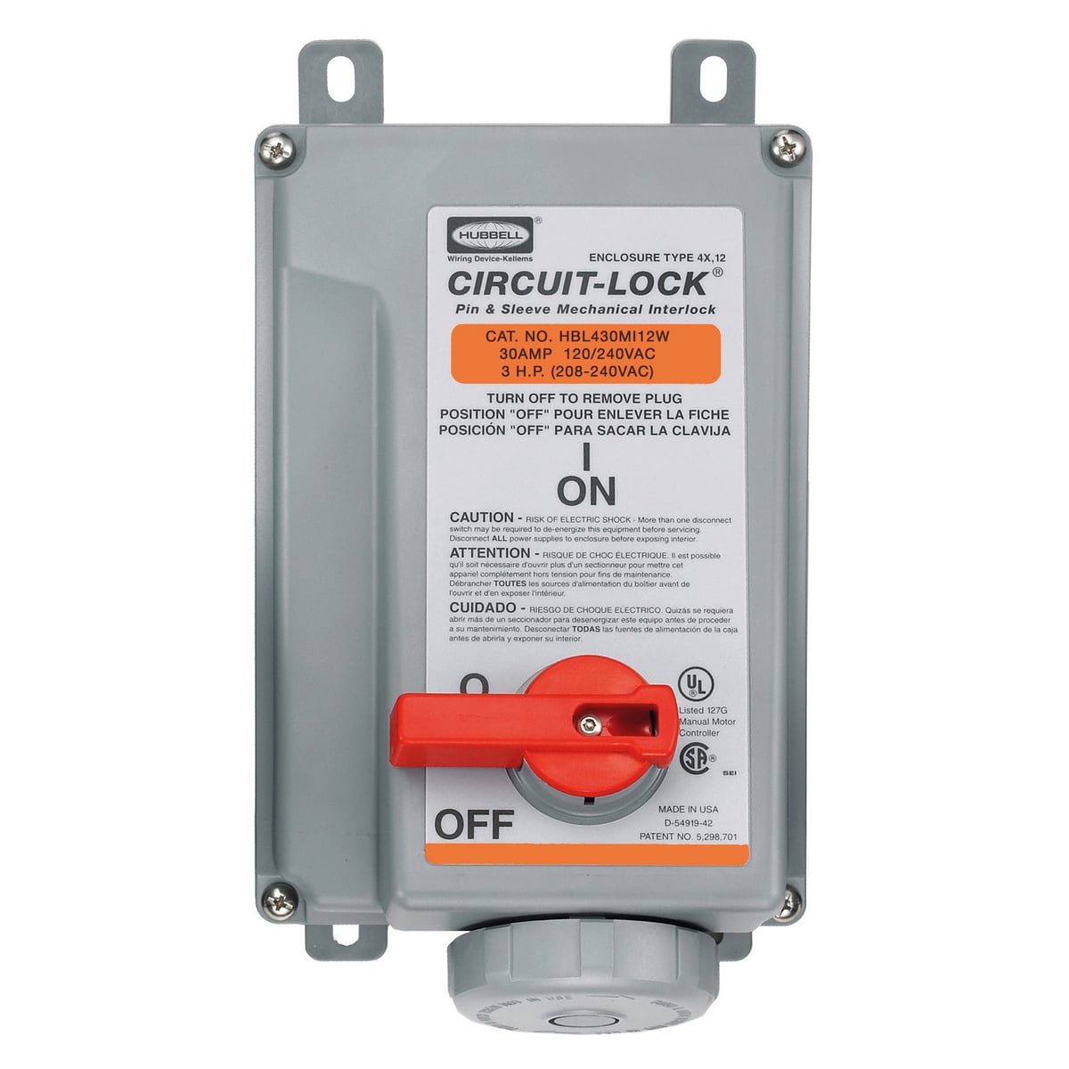 HBL430MI12W 1-Phase Female Grounding Non-NEMA Standard UnFusible Watertight Pressure Screw Terminal Pin and Sleeve Mechanical Interlock, 120/240 V AC, 30 A, 3 Poles, 4 Wires