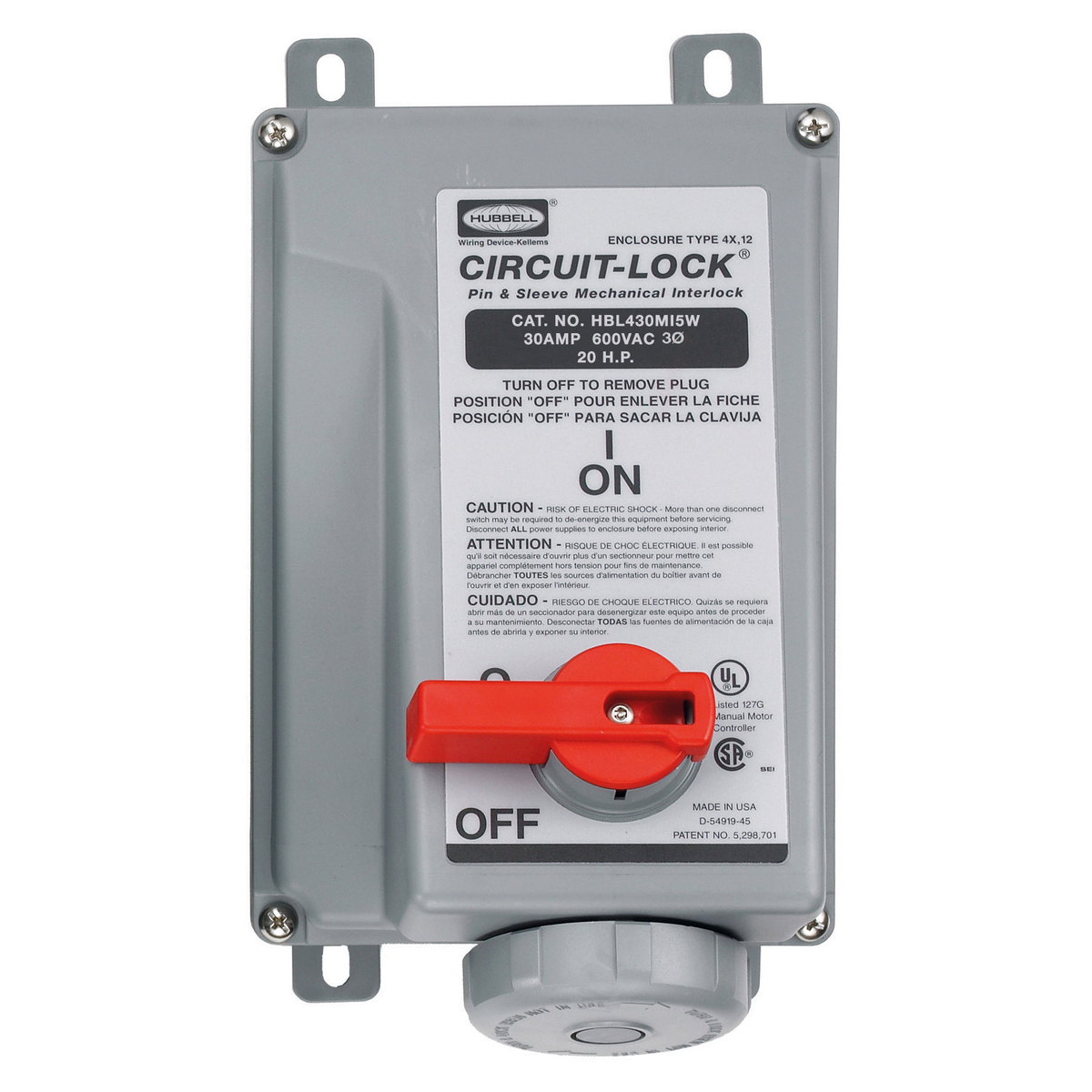 HBL430MI5W 3-Phase Female Grounding Non-NEMA Standard Watertight Pressure Screw Terminal Mechanical Interlock Device, 600 V AC, 30 A, 3 Poles, 4 Wires