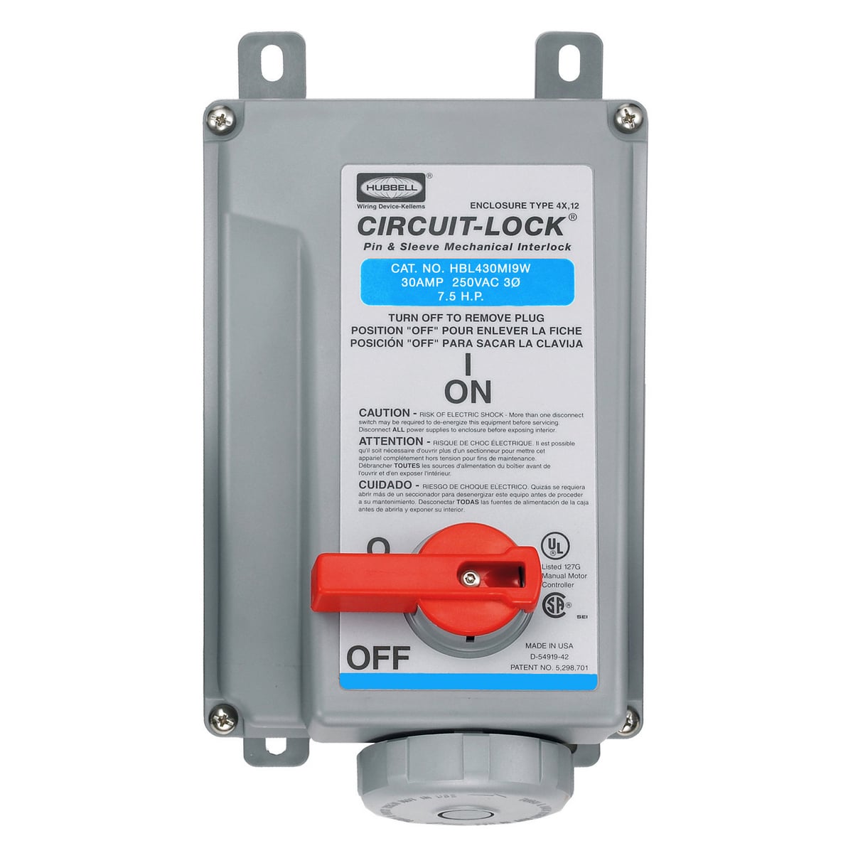 HBL430MI9W 3-Phase Female Grounding Non-NEMA Standard UnFusible Watertight Pressure Screw Terminal Pin and Sleeve Mechanical Interlock, 240 V AC, 30 A, 3 Poles, 4 Wires