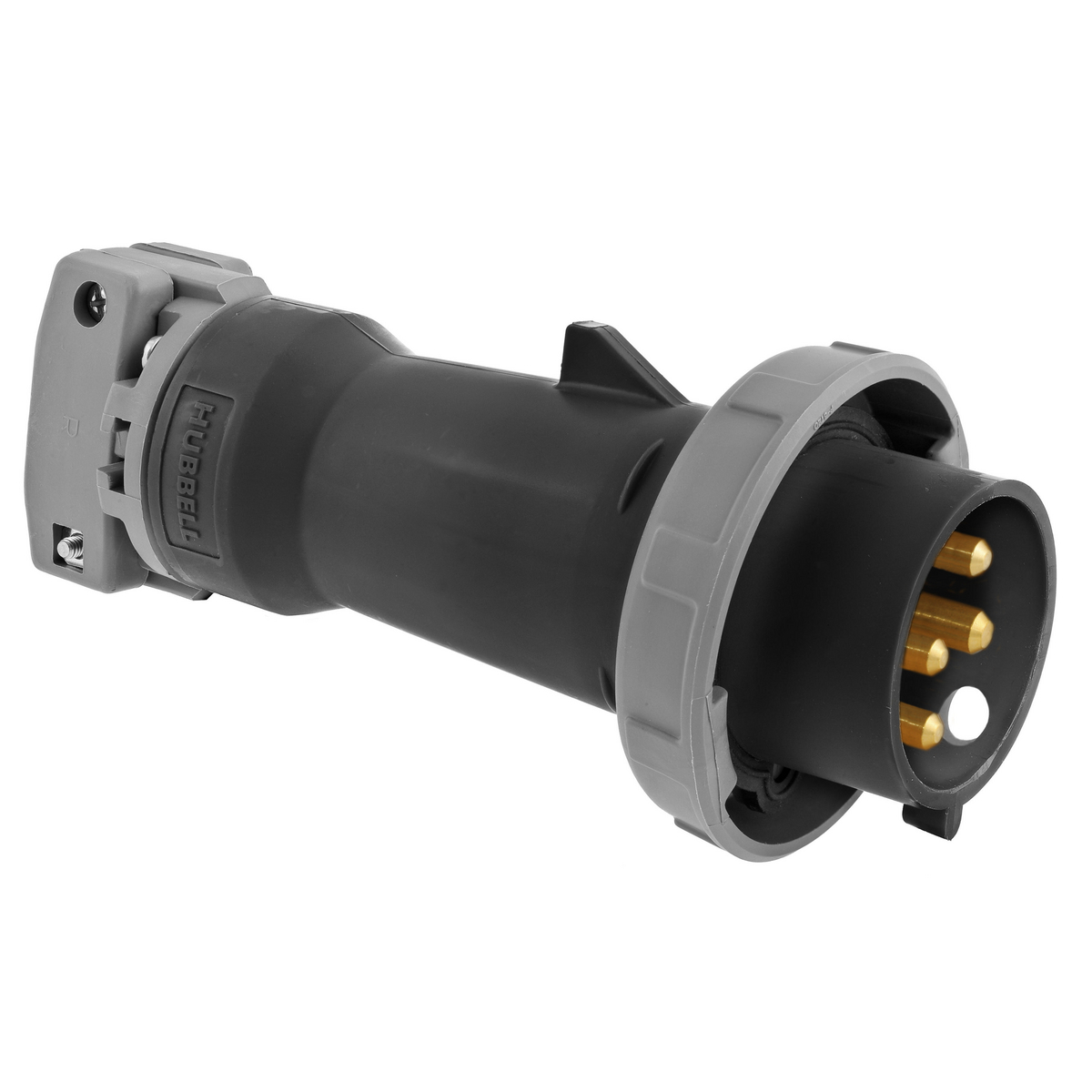 HBL430P5W 3-Phase Grounding Male Non-NEMA Portable Standard Watertight Cord Mount Pin and Sleeve Plug, 600 V AC, 30 A, 3 Poles, 4 Wires, Black