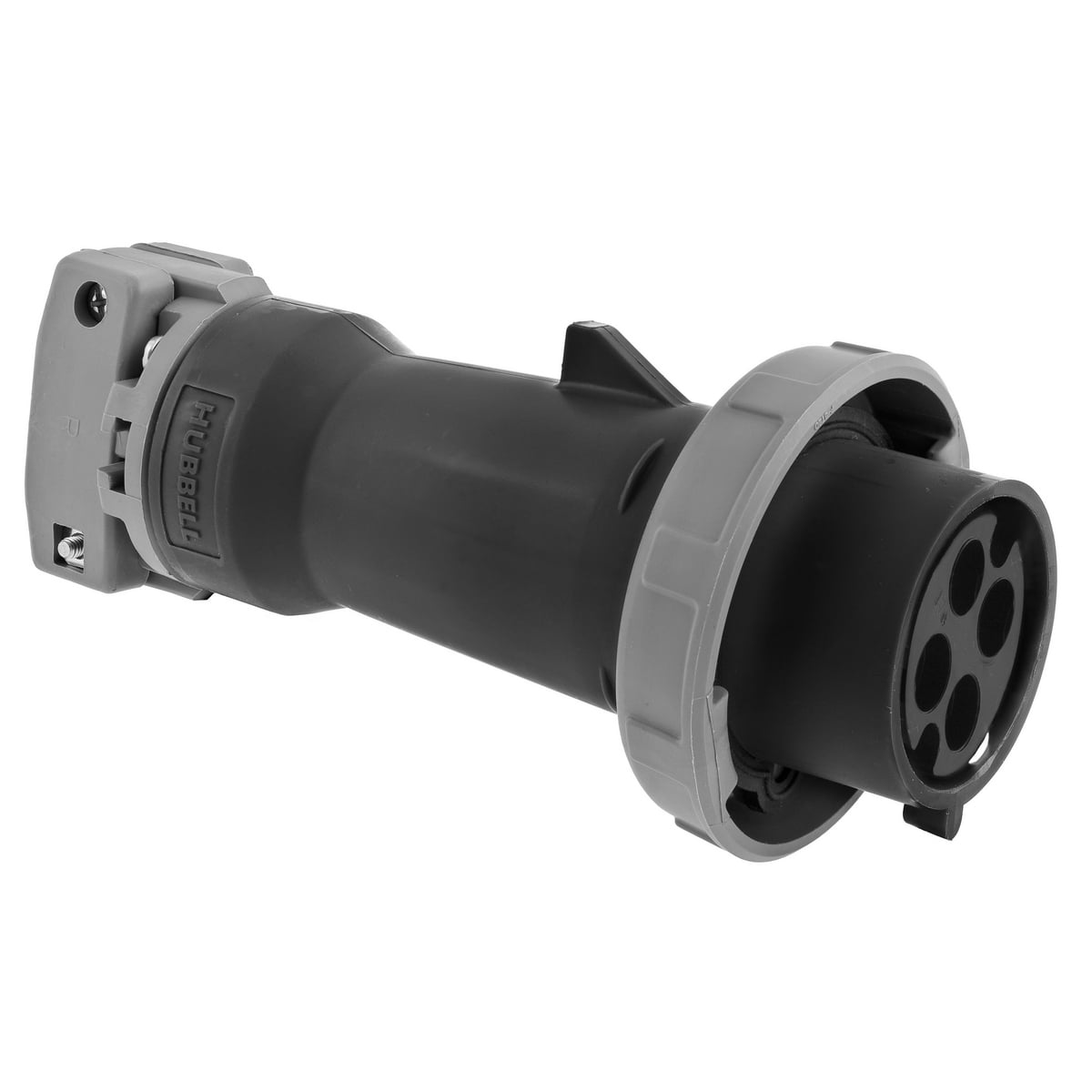 HBL430P5WR HBL 3-Phase Grounding Heavy Duty Male Non-NEMA Portable Reverse Standard Watertight Cord Mount Mating Plug, 600 V AC, 30 A, 3 Poles, 4 Wires, Black