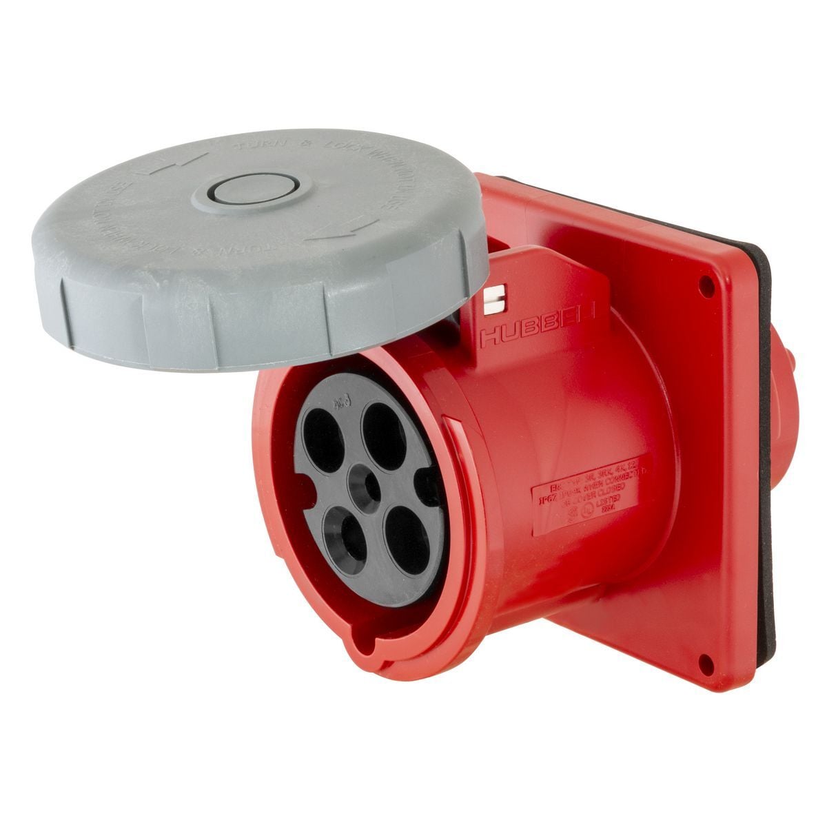 HBL430R7W 3-Phase Flanged Grounding Non-NEMA Single Flanged Standard Watertight Screw Mount Pin and Sleeve Receptacle, 480 V AC, 30 A, 3 Poles, 4 Wires, Red