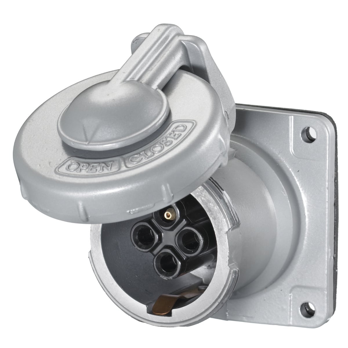 HBL430RS2W 1/3-Phase Flanged Grounding Non-NEMA Single Reversed Standard Watertight Screw Mount Pin and Sleeve Receptacle, 600 V AC, 30 A, 3 Poles, 4 Wires, Black/Gray