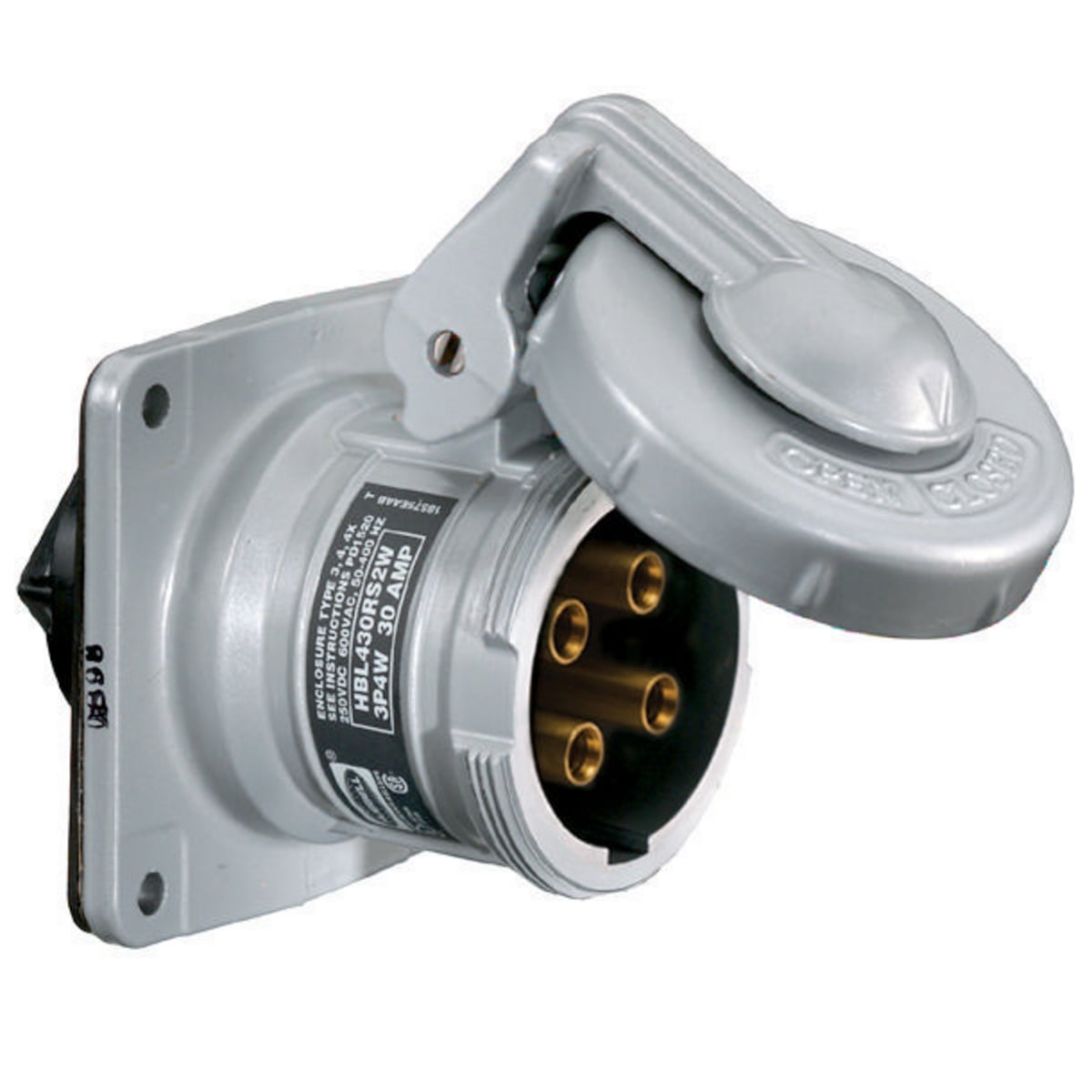 HBL430RS2WR 1/3-Phase Flanged Grounding Non-NEMA Style 2 Single Reversed Standard Watertight Screw Mount Pin and Sleeve Receptacle, 600 V AC, 30 A, 3 Poles, 4 Wires, Black/Gray