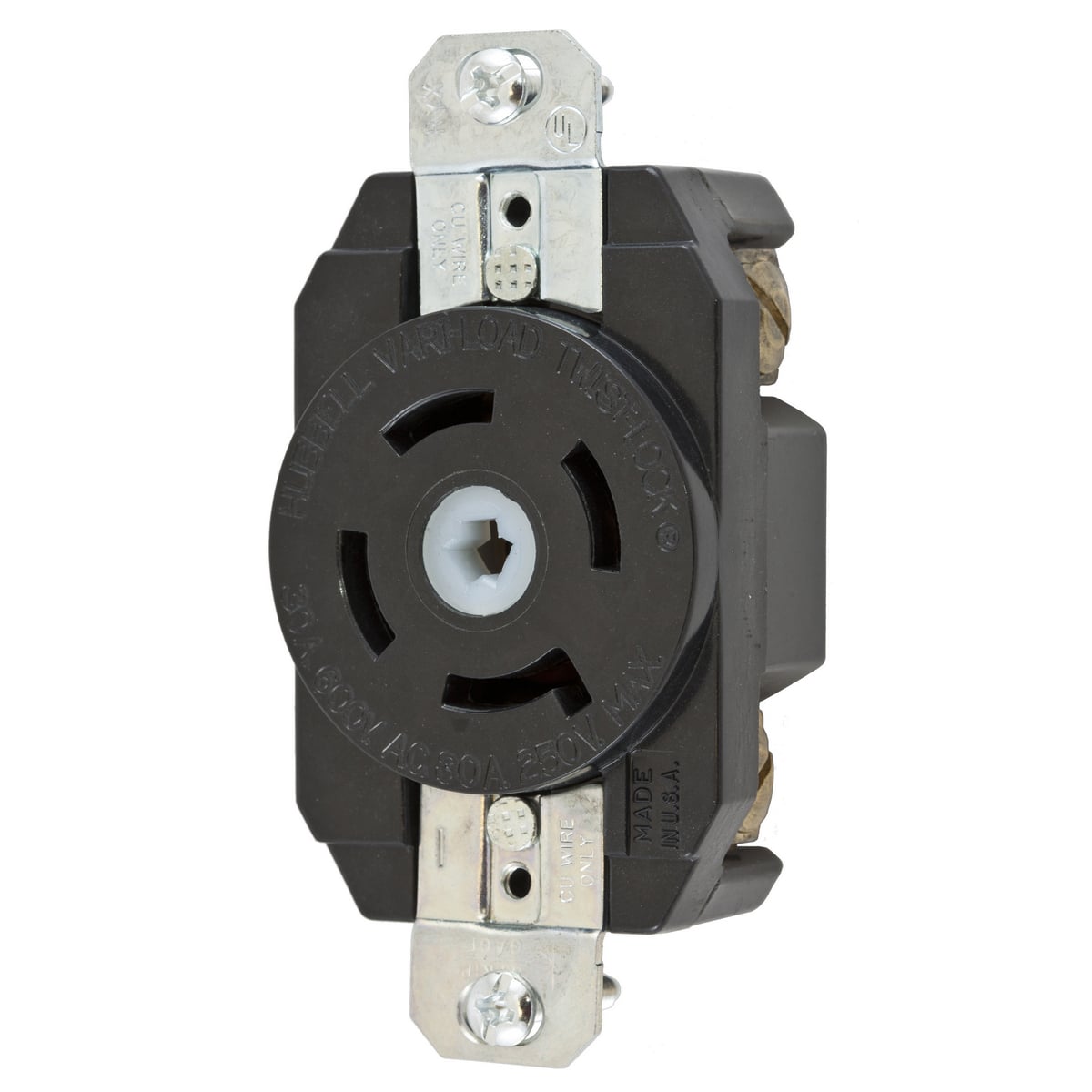 HBL45305 Flush Mount Grounding Heavy Duty Multi-Phase Non-NEMA Standard Single Screw Mount Locking Receptacle, 600 V AC/250 V DC, 30 A, 4 Poles, 5 Wires, Black