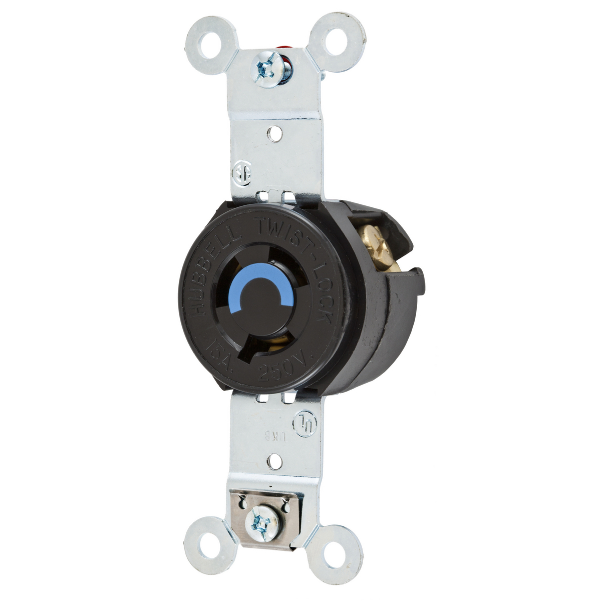 HBL4560 1-Phase Grounding Heavy Duty Single Standard Screw Mount Locking Receptacle, 250 VAC, 15 A, 2 Poles, 3 Wires, Black