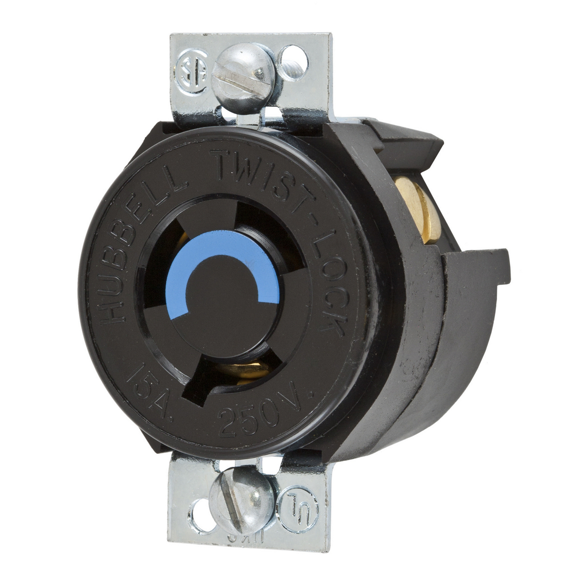 HBL4563 1-Phase Grounding Heavy Duty Panel Mount Single Standard Locking Receptacle, 250 VAC, 15 A, 2 Poles, 3 Wires, Black