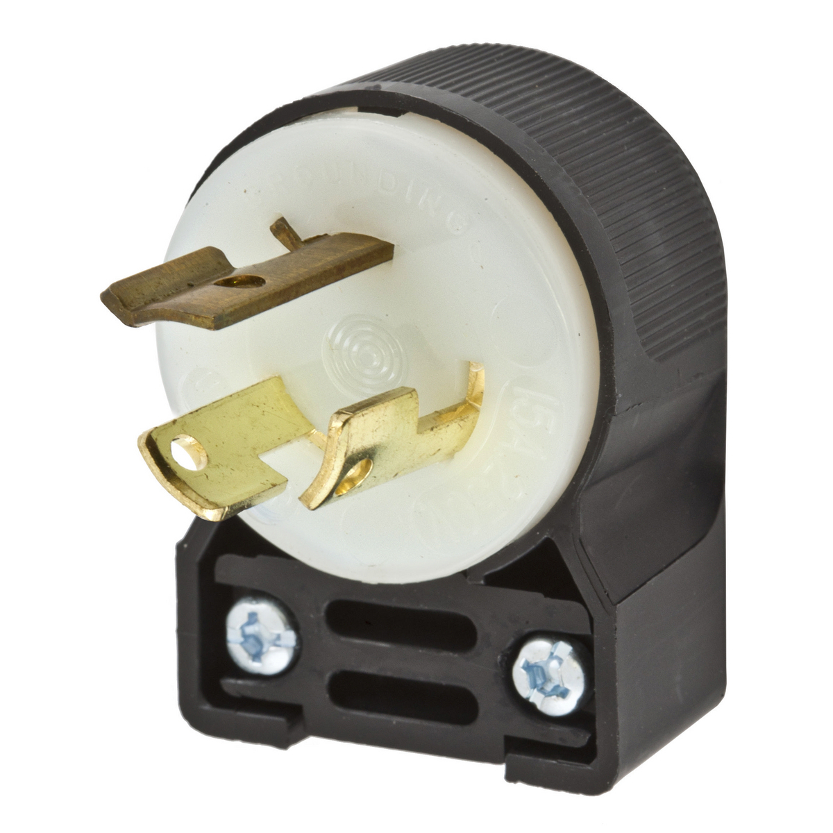 HBL4570CA 1-Phase Angled Grounding Male Standard Cord Mount Locking Plug, 250 V AC, 15 A, 2 Poles, 3 Wires, Black/White