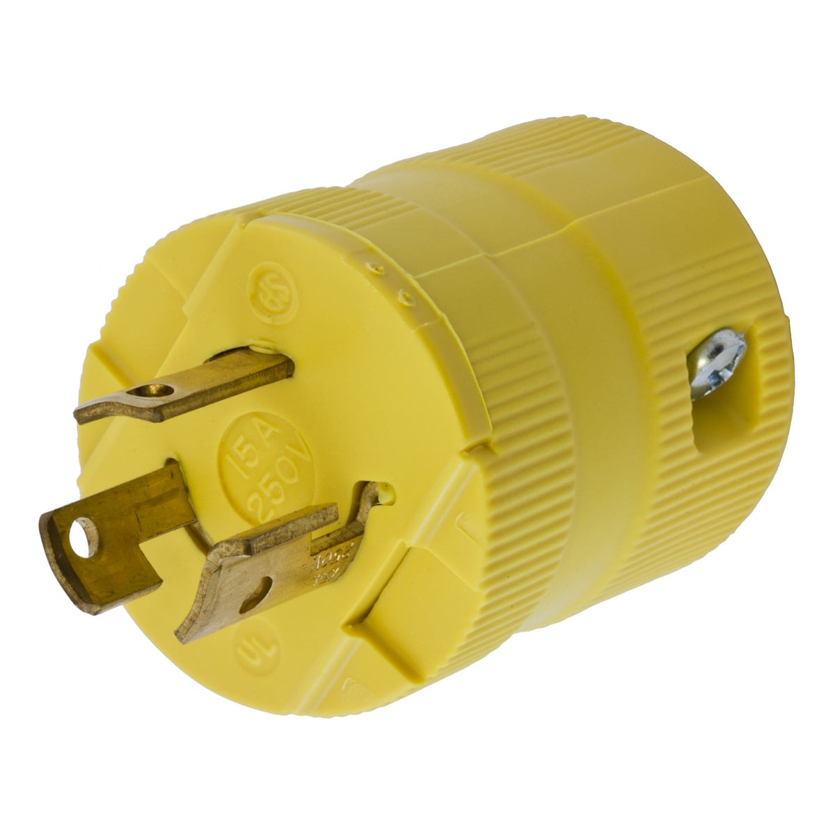HBL4573VY 1-Phase Grounding Male Standard Cord Mount Locking Plug, 250 V AC, 15 A, 2 Poles, 3 Wires, Yellow