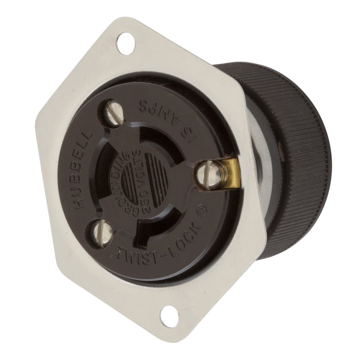 HBL4585 1-Flange 1-Phase Grounding Heavy Duty Standard Screw Mount Locking Receptacle, 250 V AC, 15 A, 2 Poles, 3 Wires, Black