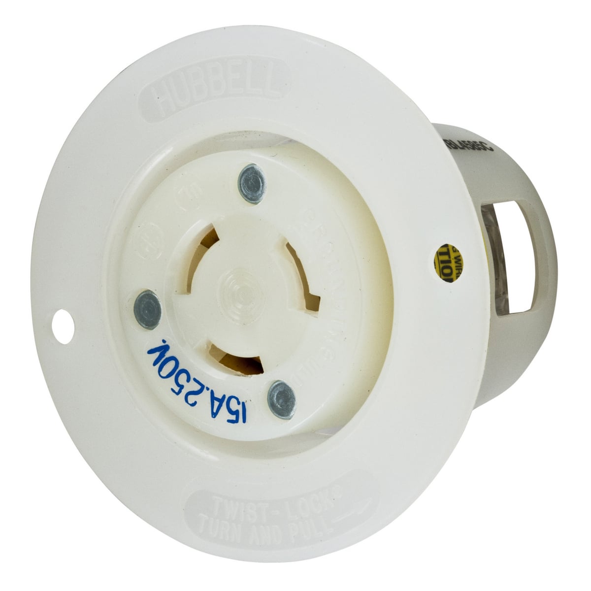 HBL4585C 1-Flange 1-Phase Grounding Standard Screw Mount Locking Receptacle, 250 V AC, 15 A, 2 Poles, 3 Wires, White