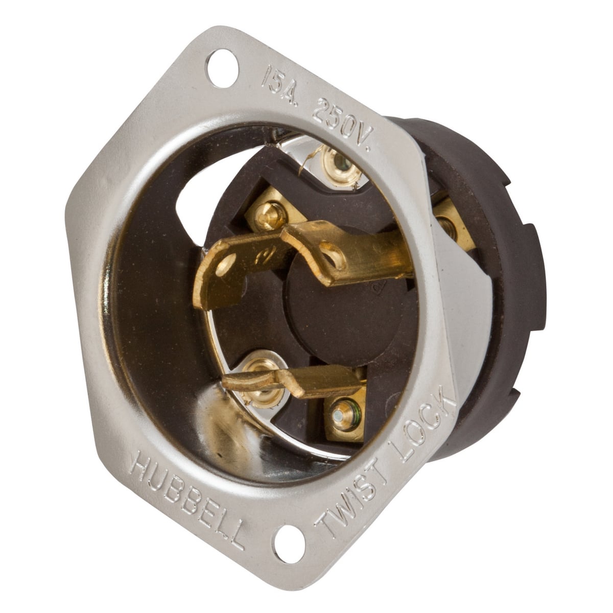 HBL4586 1-Phase Extra Heavy Duty Flanged Inlet Grounding Insulated Standard Screw Mount Locking Receptacle, 250 V AC, 15 A, 2 Poles, 3 Wires, Black