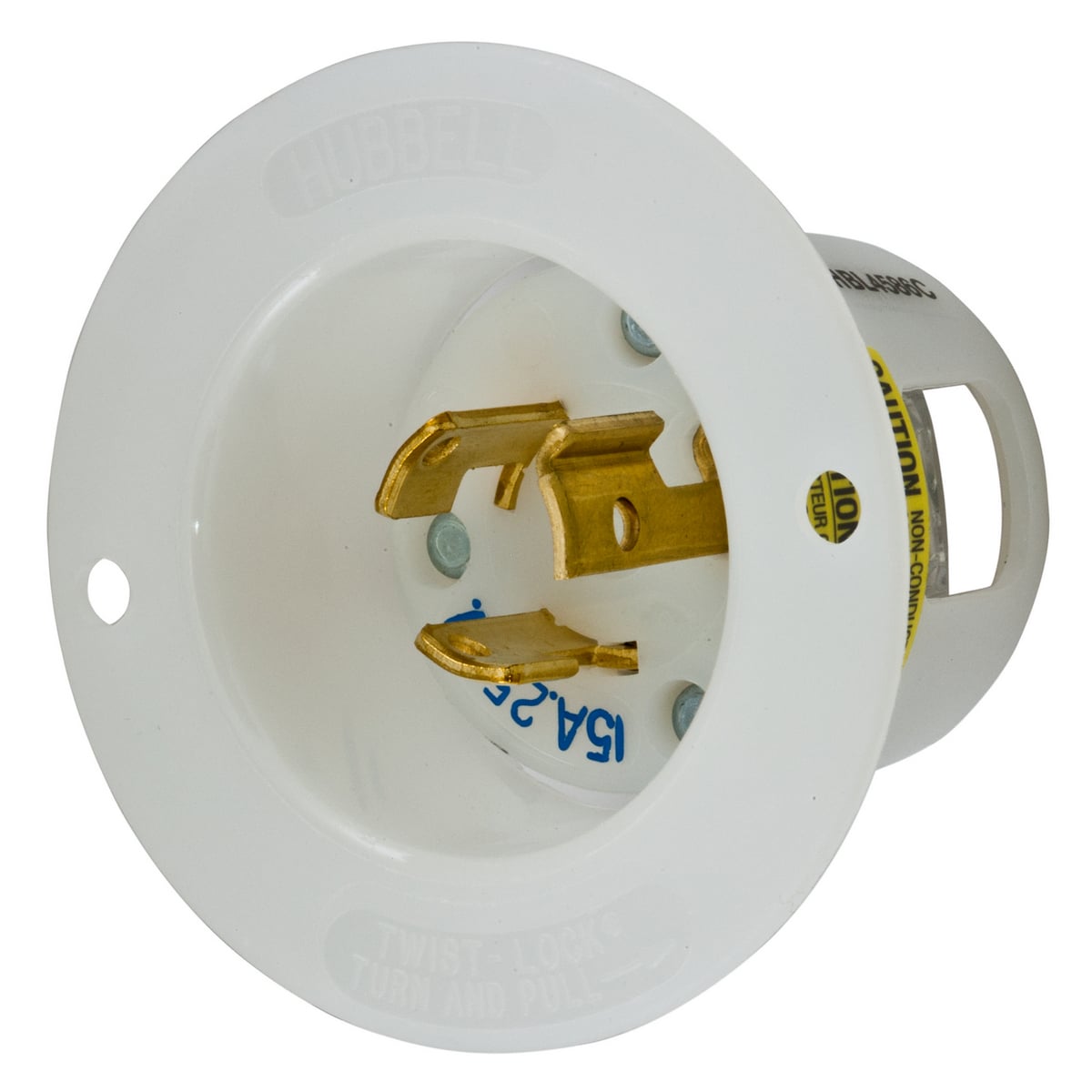 HBL4586C HBL 1-Phase Extra Heavy Duty Grounding Standard Screw Mount Locking Flanged Inlet, 250 V AC, 15 A, 2 Poles, 3 Wires, White