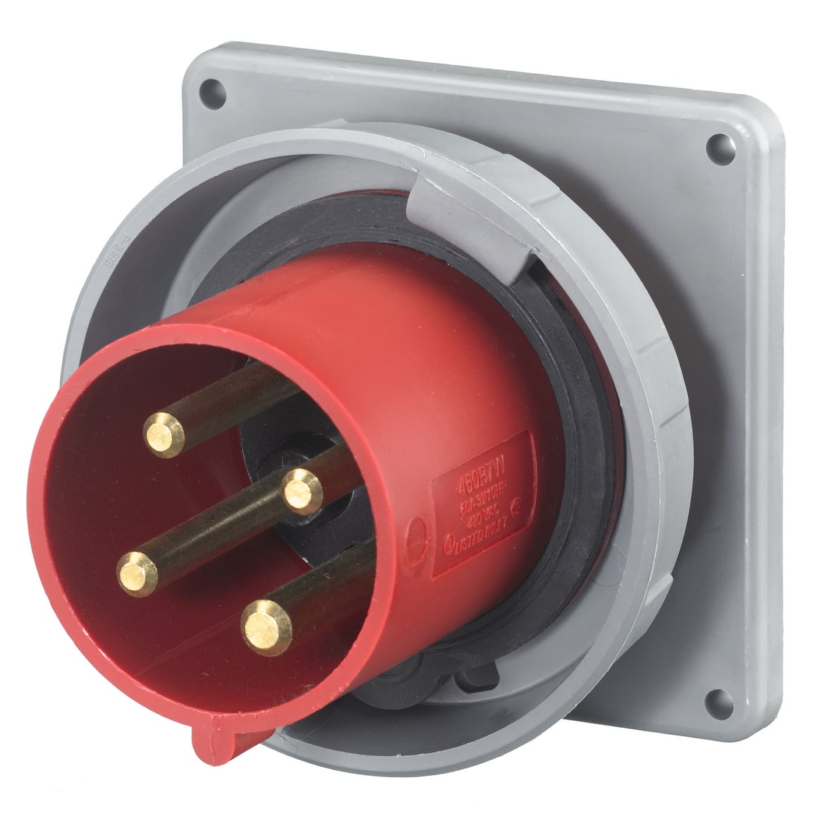 HBL460B7W 3-Phase Flanged Male Single Standard Watertight Screw Mount Pin and Sleeve Inlet, 480 V AC, 60 A, 3 Poles, 4 Wires, Red