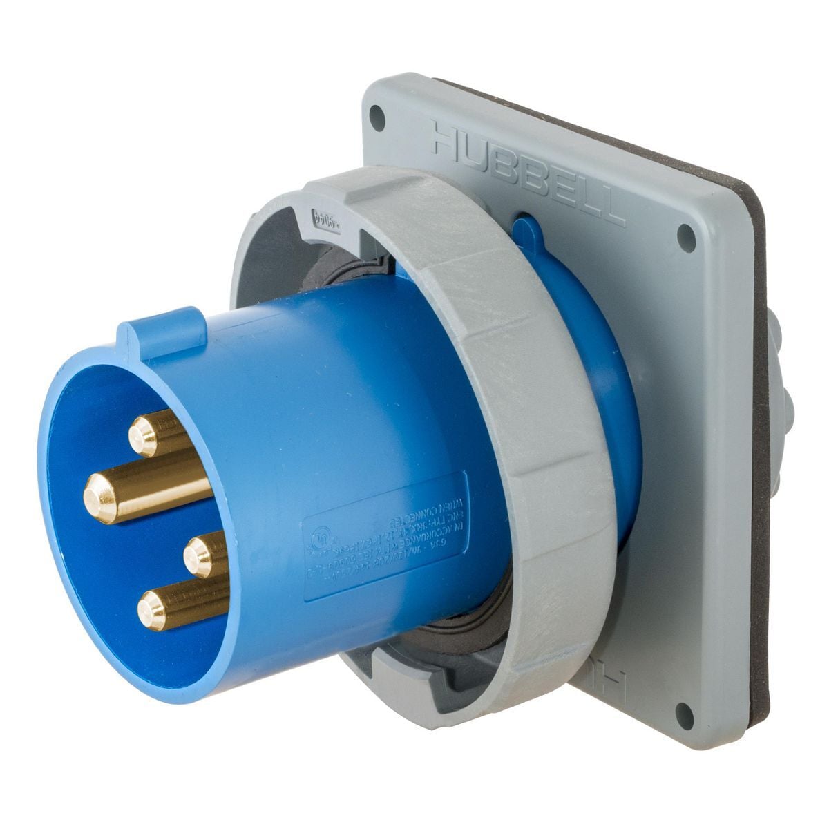 HBL460B9W 3-Phase Flanged Grounding Male Non-NEMA Single Standard Watertight Screw Mount Pin and Sleeve Inlet, 250 V AC, 60 A, 3 Poles, 4 Wires, Blue