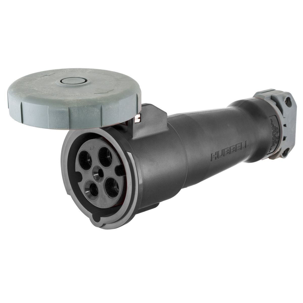 HBL460C5W Female Grounding Watertight Cord Mount Pin and Sleeve Connector, 600 V AC, 60 A, 3 Poles, 4 Wires, Black