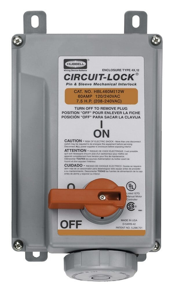 HBL460MI12WR 1-Phase Female Grounding Industrial Grade Reversed Standard Unfused Pressure Screw Terminal Watertight Pin and Sleeve Mechanical Interlock, 120/240 V AC, 60 A, 3 Poles, 4 Wires