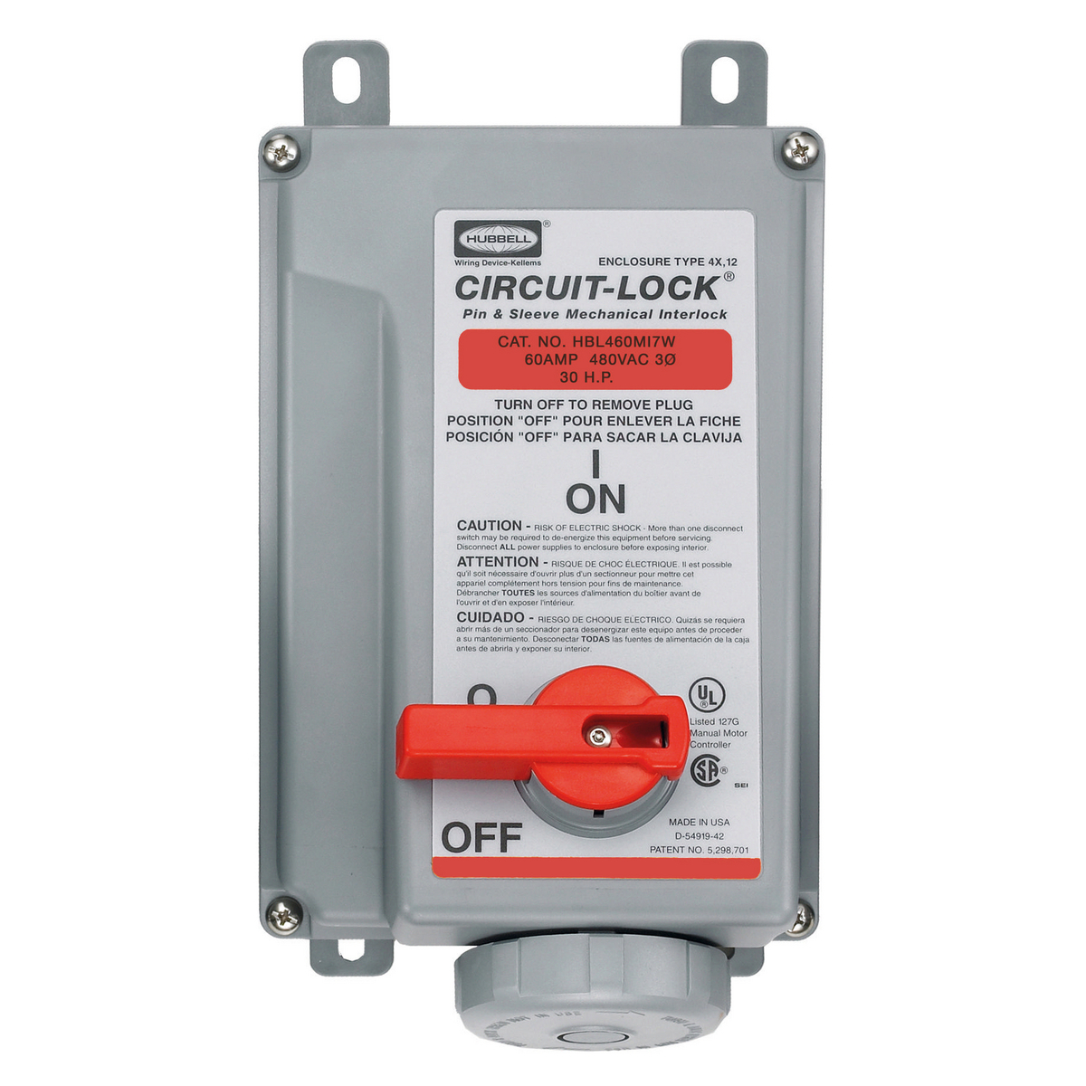 HBL460MI7W 3-Phase Female Grounding Watertight Pressure Screw Terminal Pin and Sleeve Mechanical Interlock, 480 V AC, 60 A, 3 Poles, 4 Wires