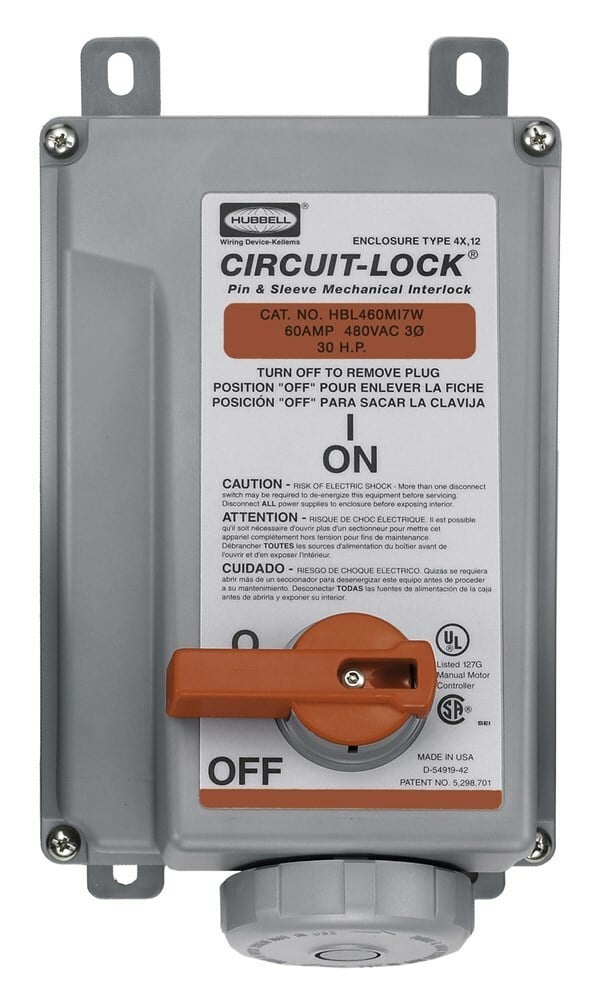 HBL460MI7WR 3-Phase Female Grounding Industrial Grade Reversed Standard Unfused Pressure Screw Terminal Watertight Pin and Sleeve Mechanical Interlock, 480 V AC, 60 A, 3 Poles, 4 Wires