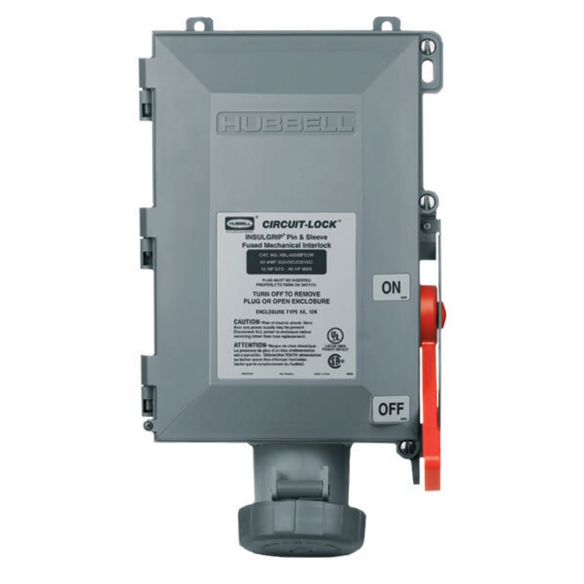 HBL460MIF5W 3-Phase Female Grounding Watertight Pressure Screw Terminal Pin and Sleeve Mechanical Interlock, 600 V AC, 60 A, 3 Poles, 4 Wires