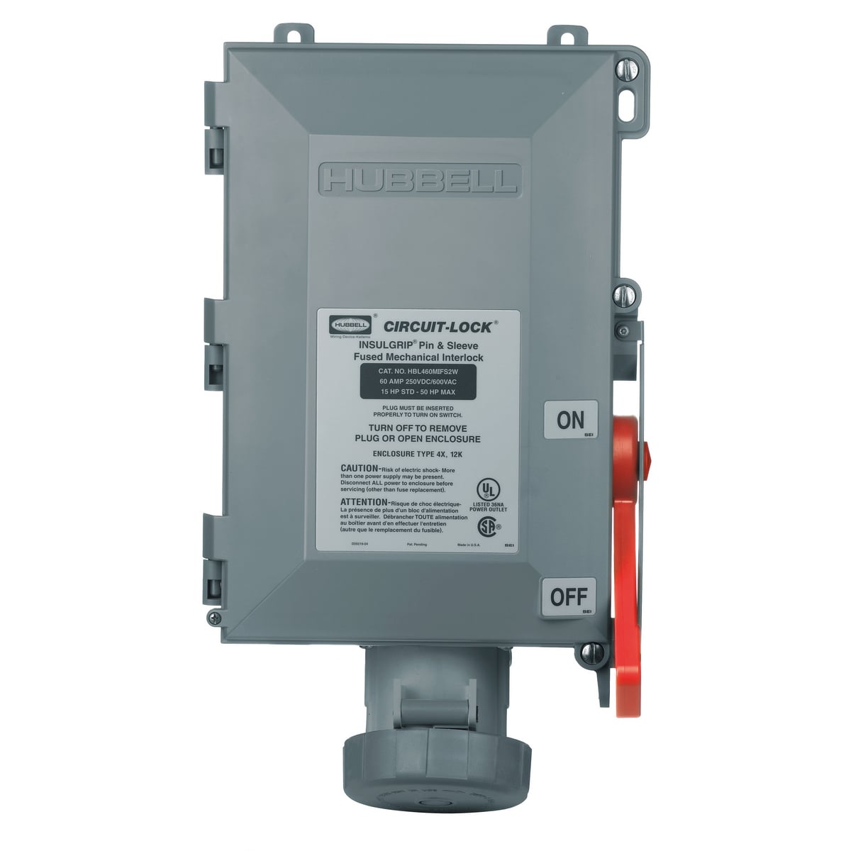 HBL460MIS2W 1/3-Phase Female Fused Grounding Industrial Grade Pressure Screw Terminal Style 2 Standard Watertight Mechanical Interlock, 600 V AC, 60 A, 3 Poles, 4 Wires
