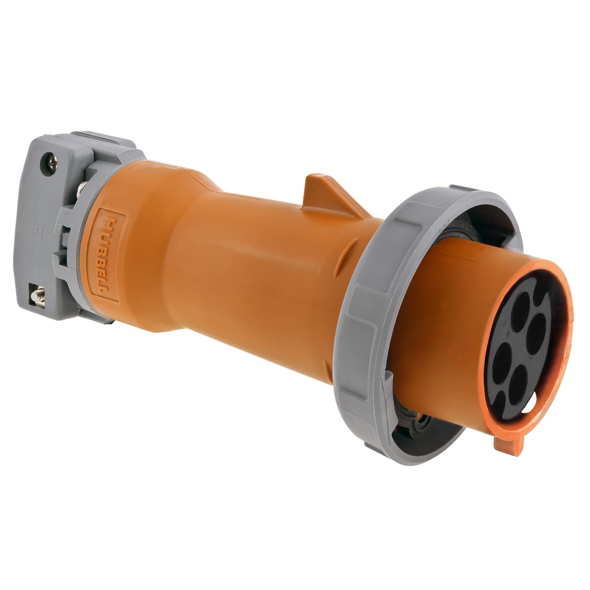 HBL460P12WR HBL 1-Phase Grounding Heavy Duty Male Non-NEMA Portable Reverse Standard Watertight Cord Mount Mating Plug, 120/240 V AC, 60 A, 3 Poles, 4 Wires, Orange