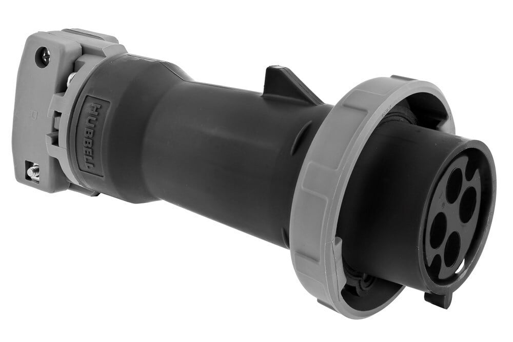 HBL460P5WR 3-Phase Grounding Heavy Duty Male Non-NEMA Portable Reverse Standard Watertight Cord Mount Mating Plug, 600 V AC, 60 A, 3 Poles, 4 Wires, Black