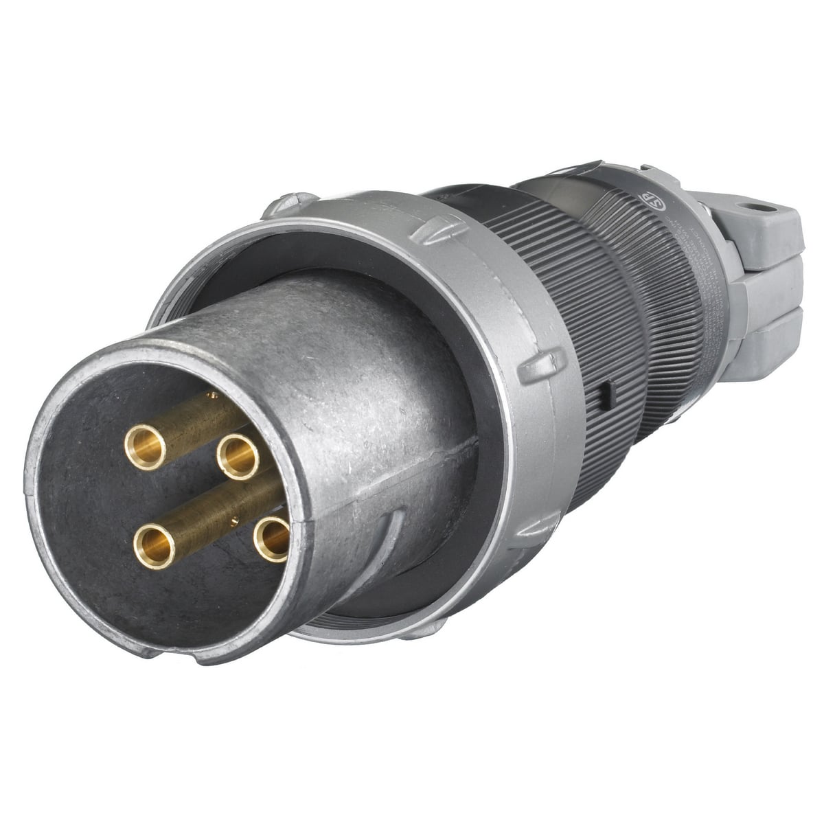 HBL460PS2W Type 2 Grounding Male Non-NEMA Portable Standard Watertight Cord Mount Pin and Sleeve Plug, 600 V AC/250 V DC, 60 A, 3 Poles, 4 Wires, Black/Gray
