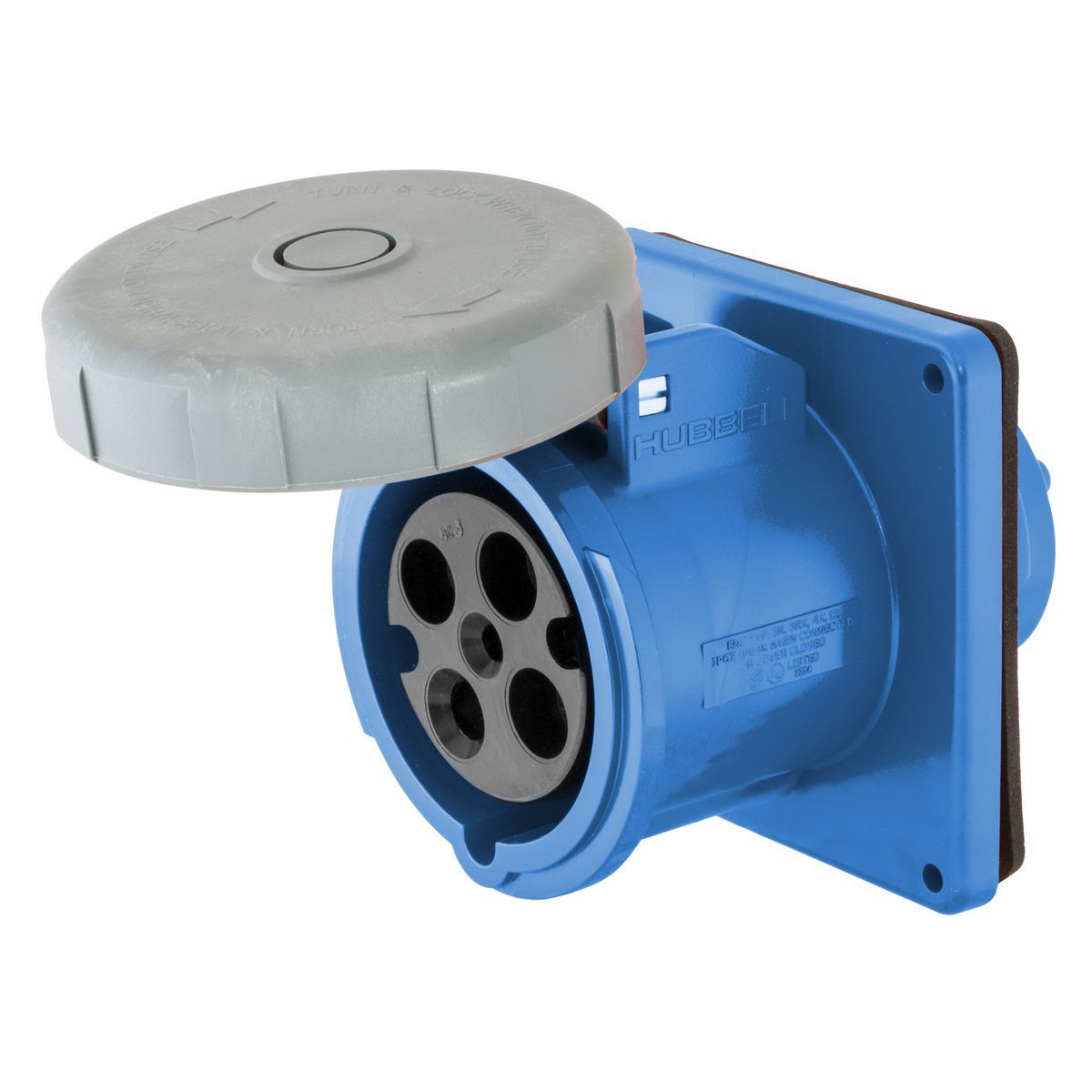 HBL460R9W 3-Phase Female Grounding Single Flanged Watertight Screw Mount Pin and Sleeve Receptacle, 250 V AC, 60 A, 3 Poles, 4 Wires, Blue