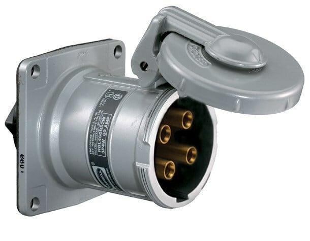 HBL460RS1WR 1/3-Phase Grounding Style 1 Reversed Single Flanged Standard Screw Mount Watertight Pin and Sleeve Receptacle, 600 V AC, 60 A, 3 Poles, 4 Wires, Black/Gray