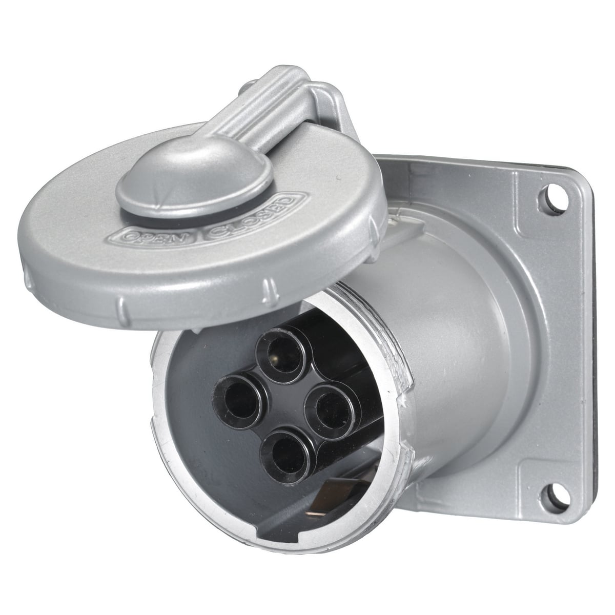 HBL460RS2W 1/3-Phase Grounding Style 2 Single Flanged Standard Screw Mount Watertight Pin and Sleeve Receptacle, 600 V AC, 60 A, 3 Poles, 4 Wires, Black/Gray