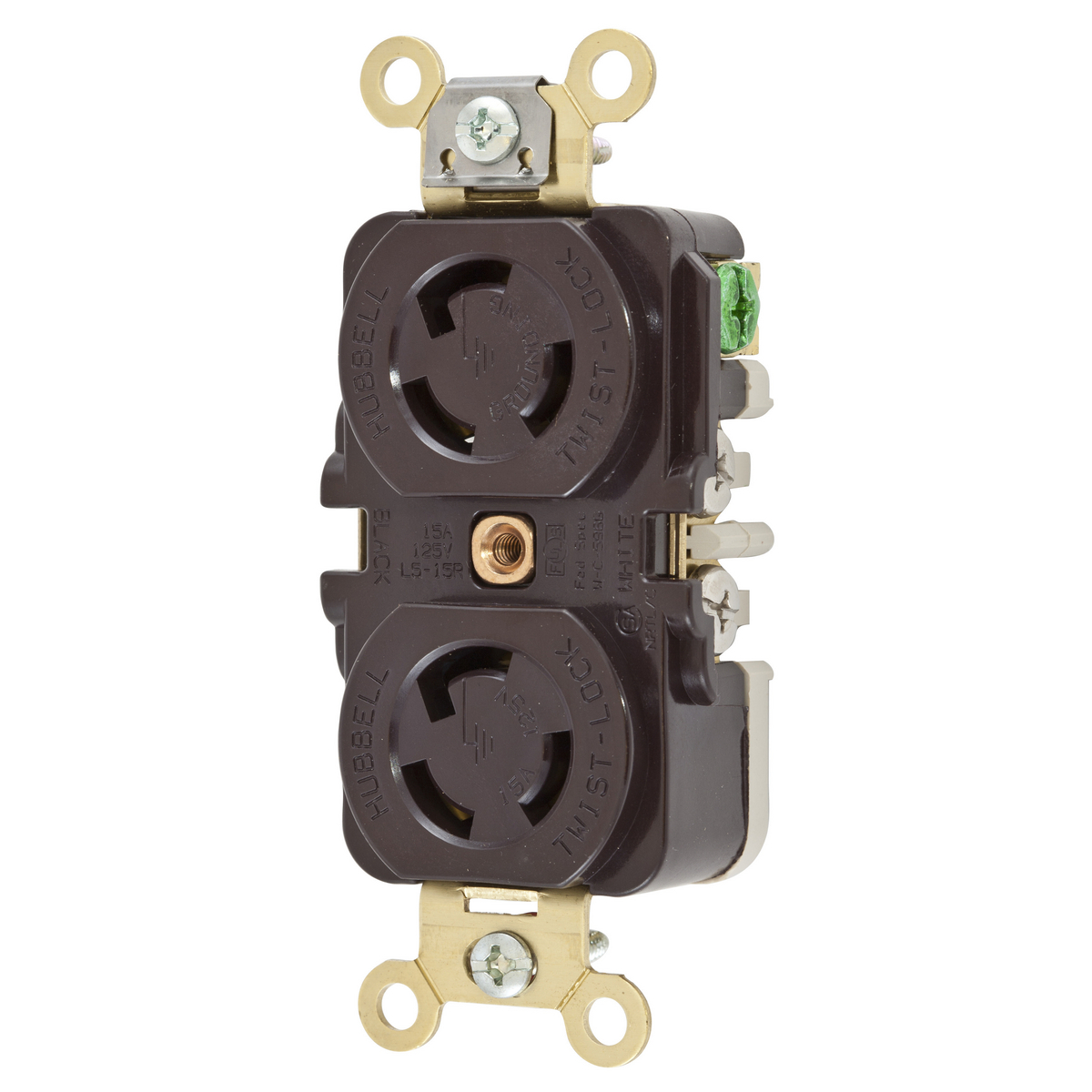 HBL4700 1-Phase Grounding Heavy Duty Single Screw Mount Locking Receptacle, 125 V AC, 15 A, 2 Poles, 3 Wires, Brown