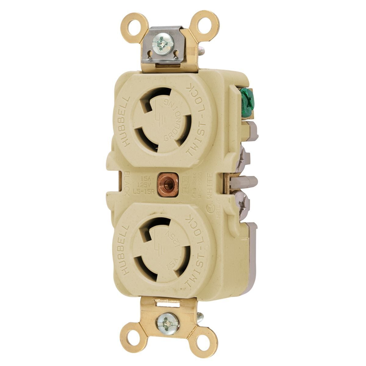 HBL4700I 1-Phase Heavy Duty Duplex Grounding Standard Traditional Screw Mount Locking Receptacle, 125 V AC, 15 A, 2 Poles, 3 Wires, Ivory