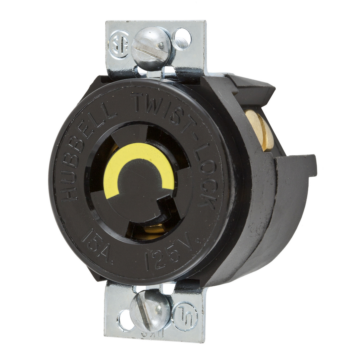 HBL4713 1-Phase Grounding Standard Single Panel Mount Locking Receptacle, 125 VAC, 15 A, 2 Poles, 3 Wires, Black