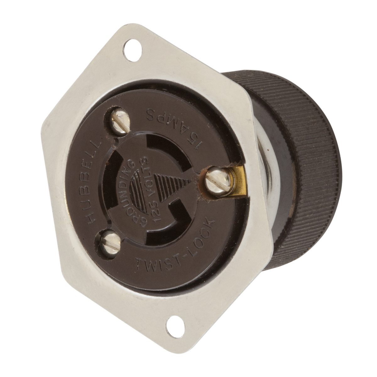 HBL4715 1-Flange 1-Phase Grounding Standard Screw Mount Locking Receptacle, 125 V AC, 15 A, 2 Poles, 3 Wires, Black
