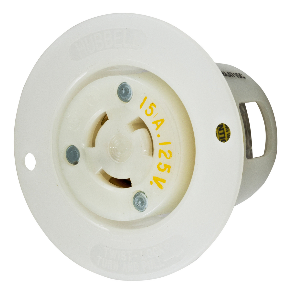 HBL4715C HBL 1-Phase Flanged Grounding Single Screw Mount Locking Receptacle, 125 V AC, 15 A, 2 Poles, 3 Wires, White