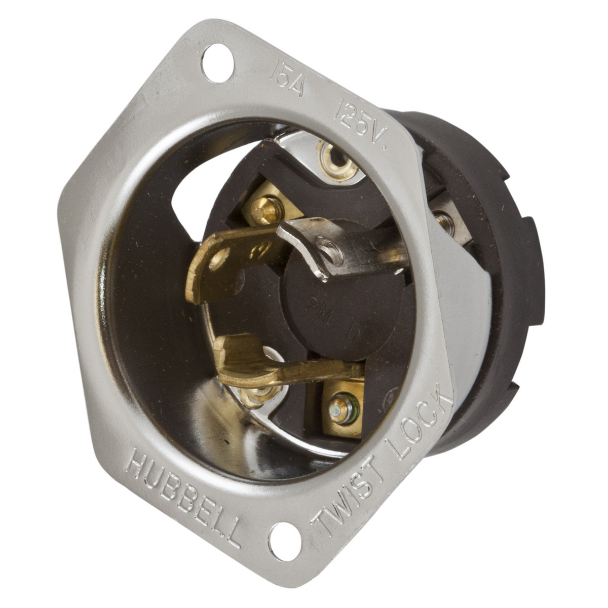 HBL4716 1-Phase Grounding Standard Screw Mount Locking Flanged Inlet, 125 V AC, 15 A, 2 Poles, 3 Wires, Black